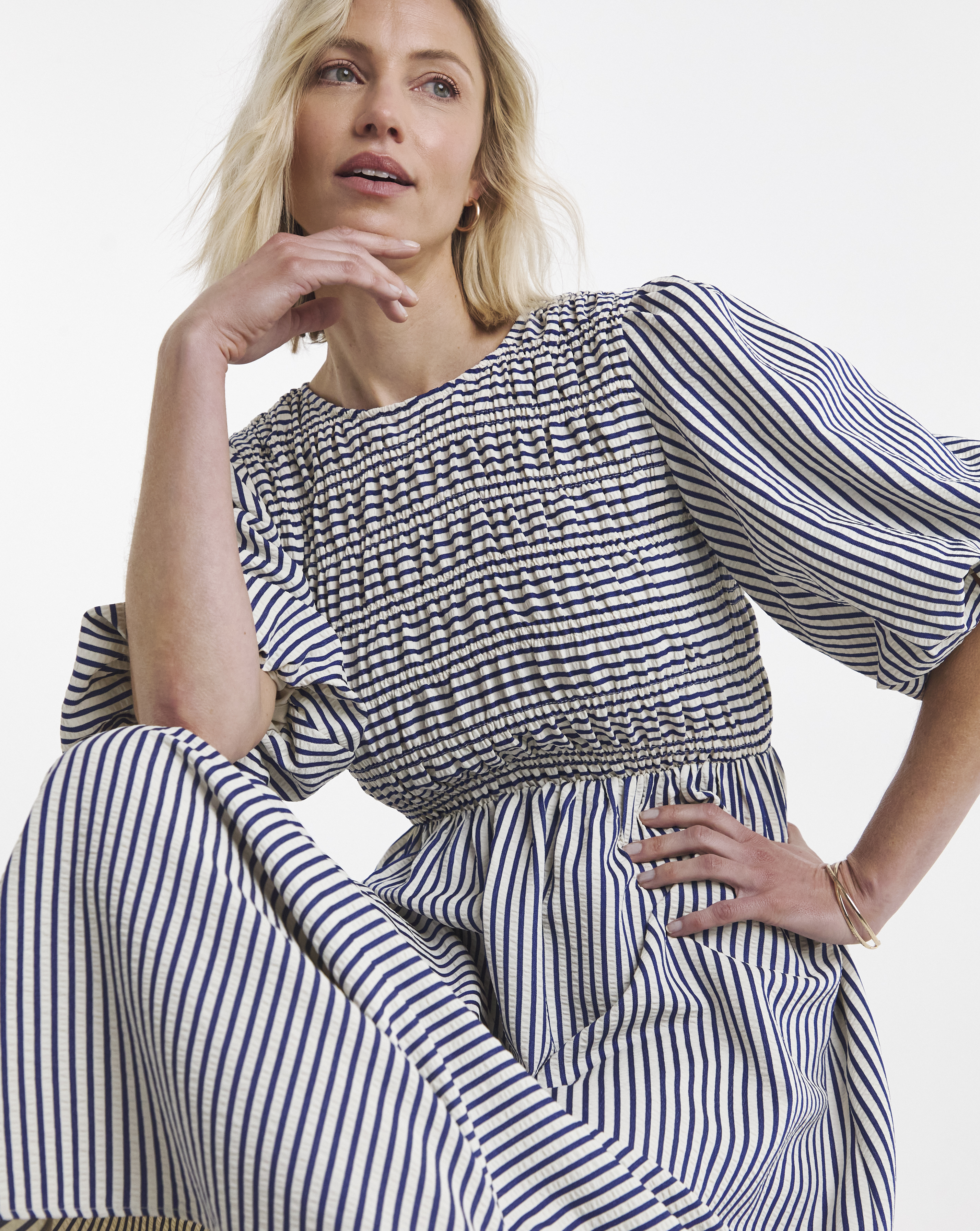 Stripe Shirred Puff Sleeve Dress