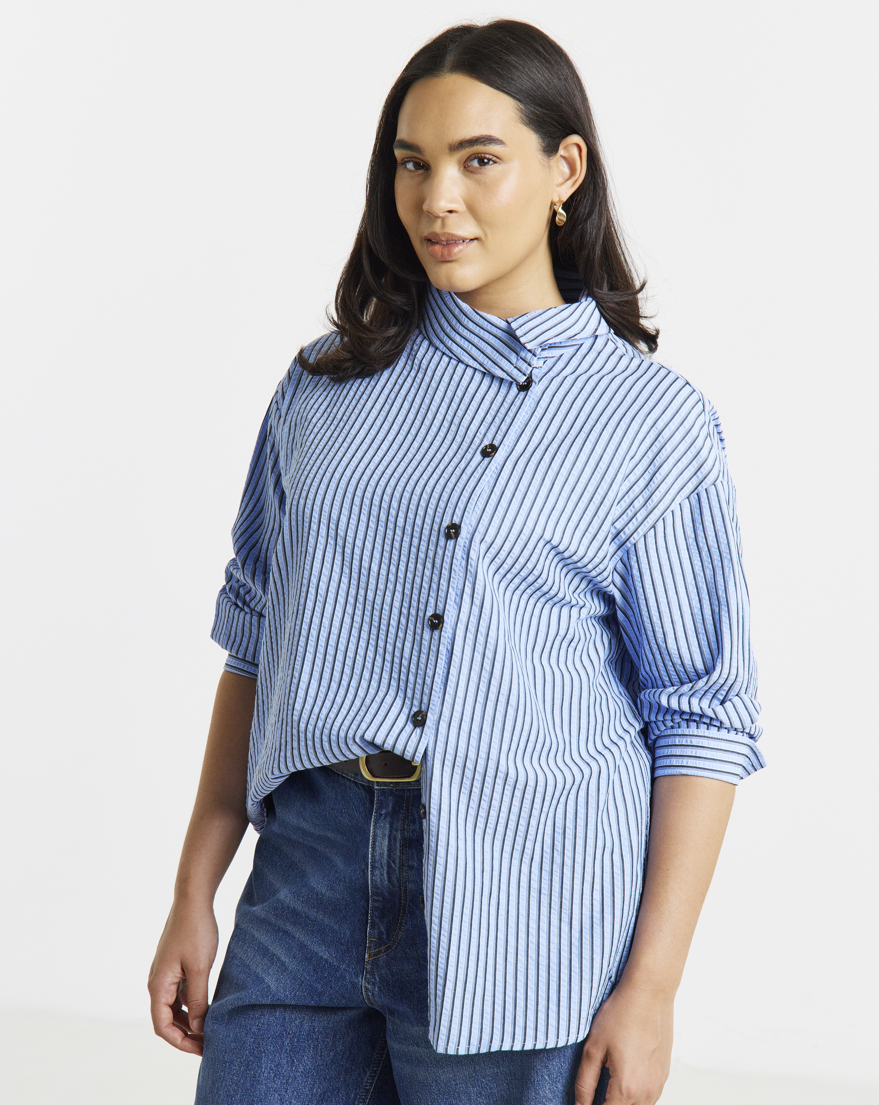 Simply Be Blue Stripe Funnel Neck Shirt
