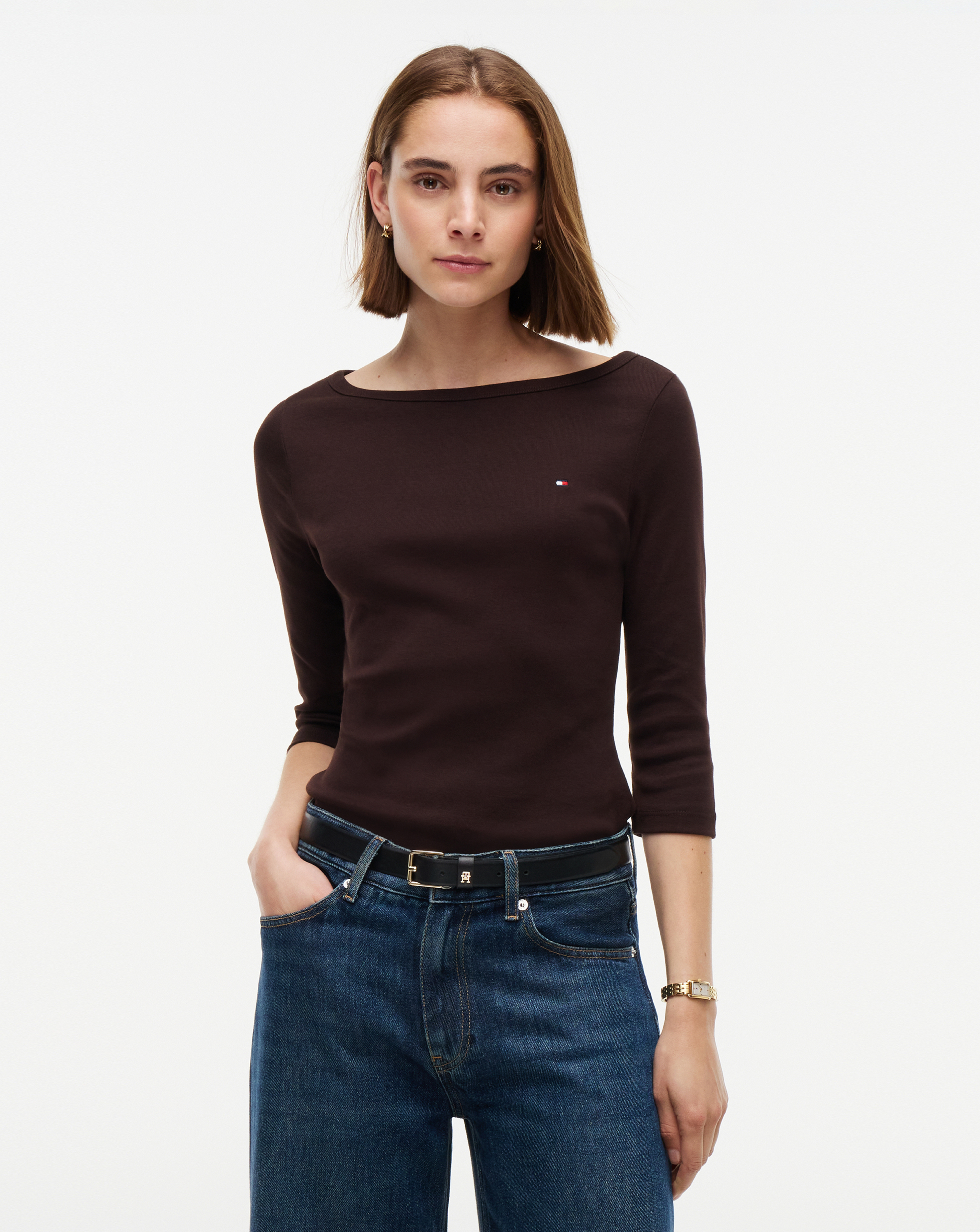 Tommy Hilfiger Women's Chocolate Cody Boat Neck T-Shirt Extra Large