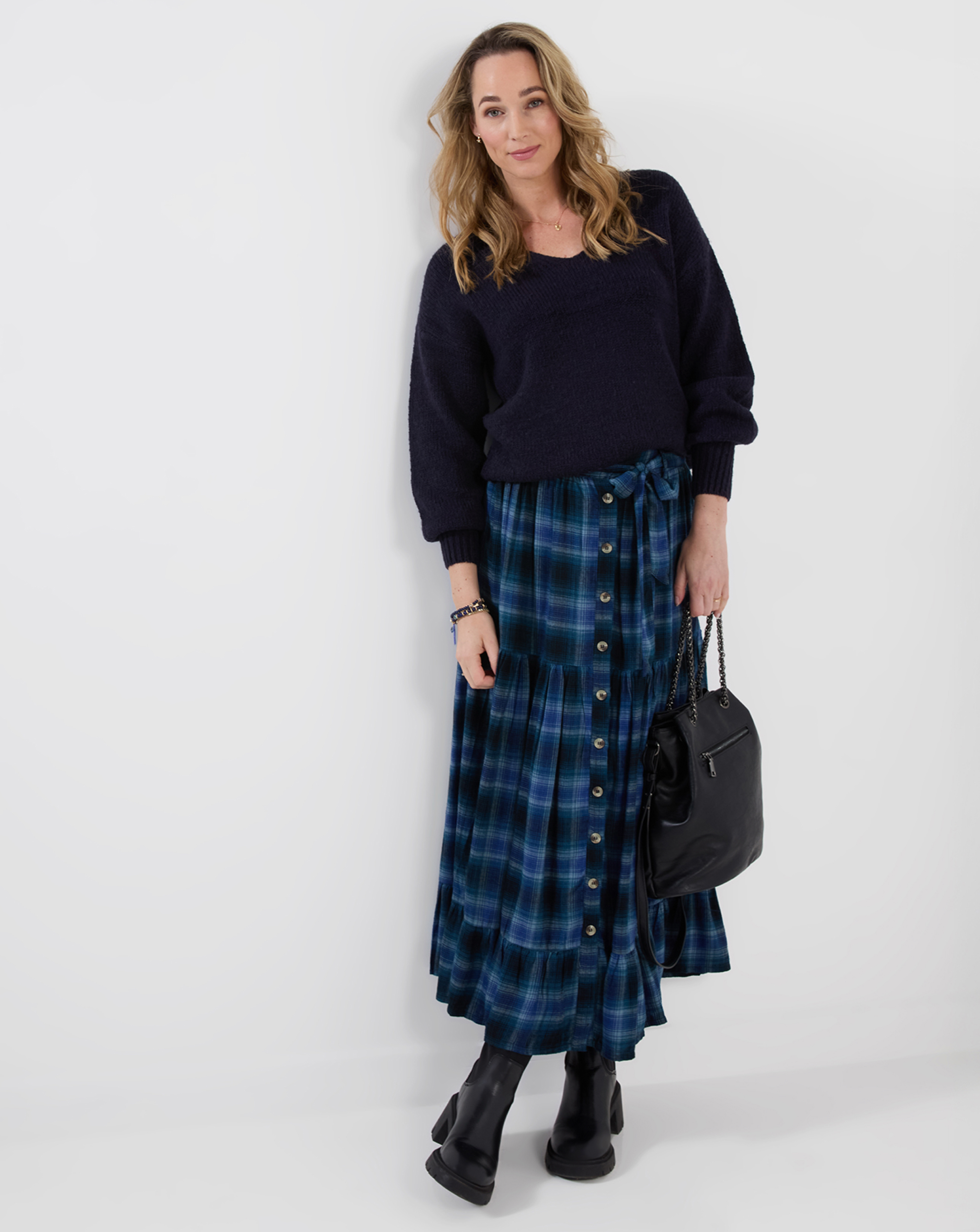Joe Browns Blue Check Button Down Plaid Maxi Skirt Size 22