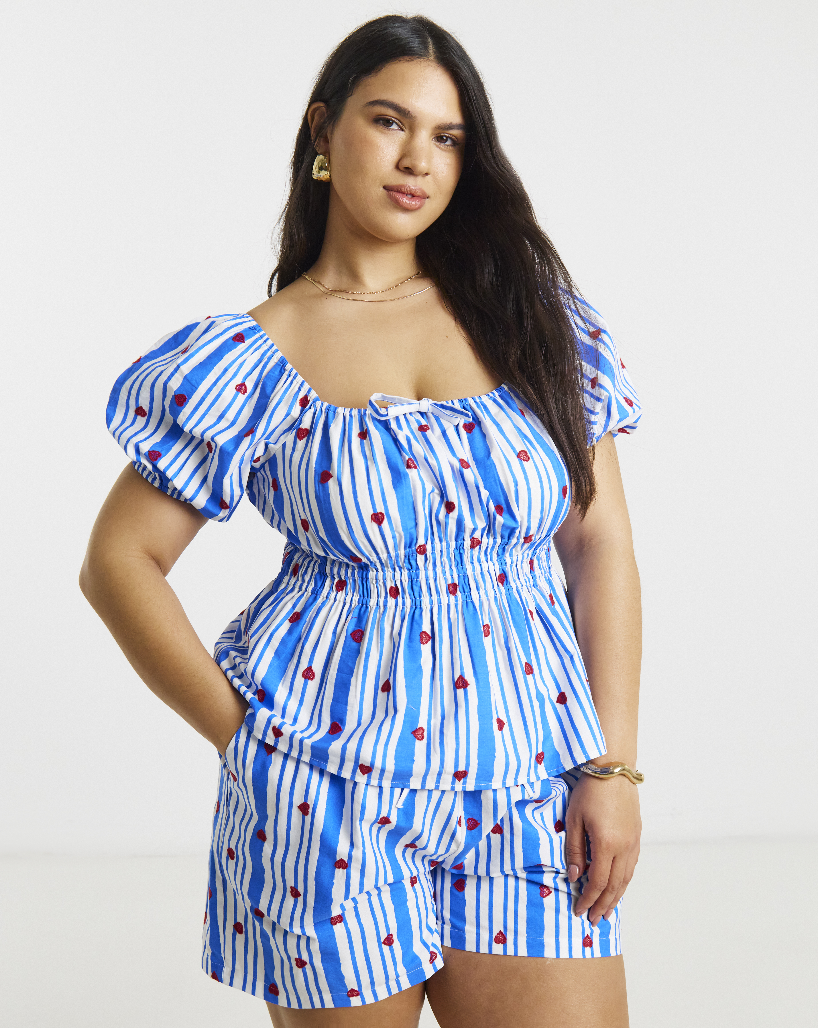 Blue Stripe Embroidered Short