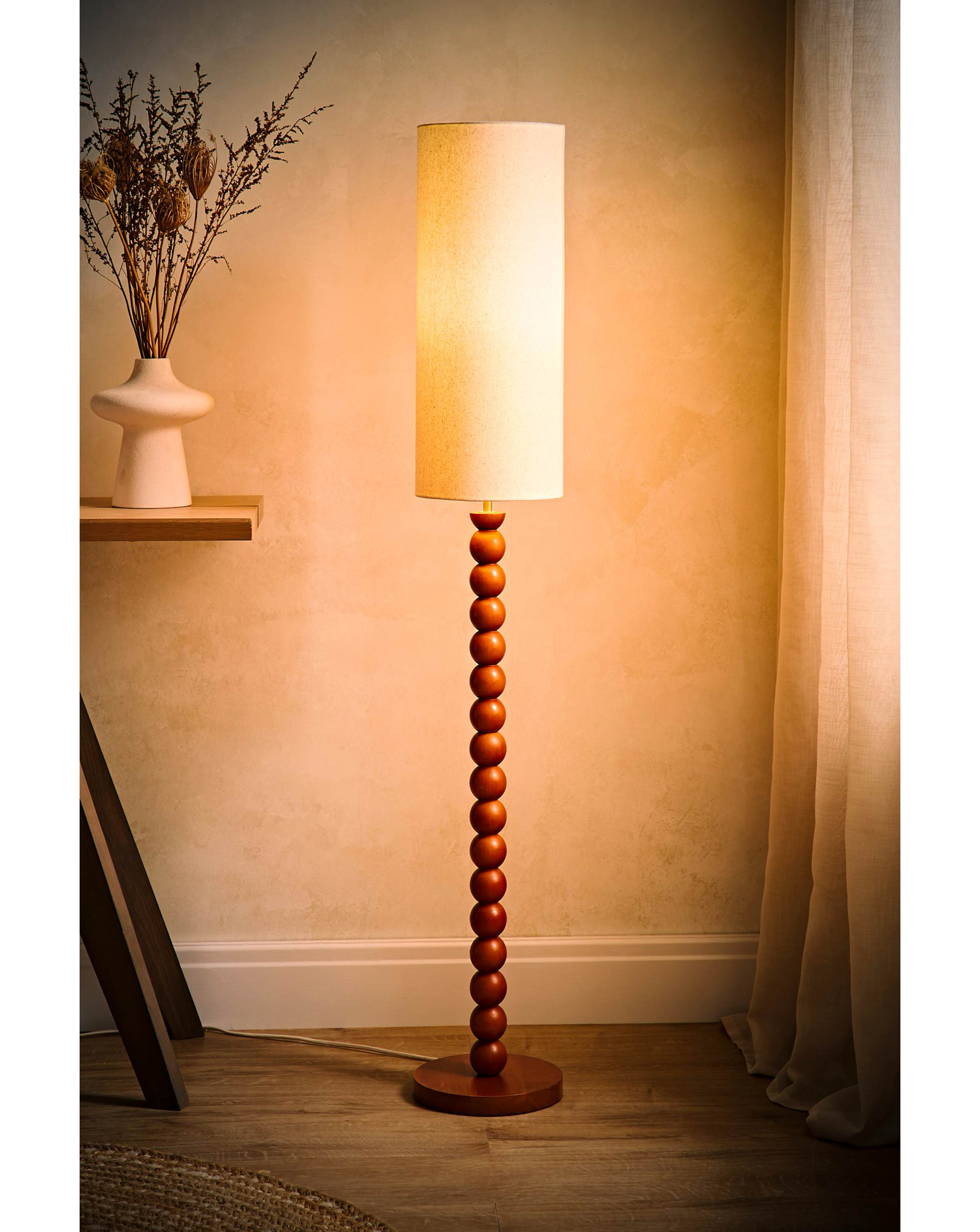 ValueLights Wyatt Wood Bobble Floor Lamp With Tall Linen Shade