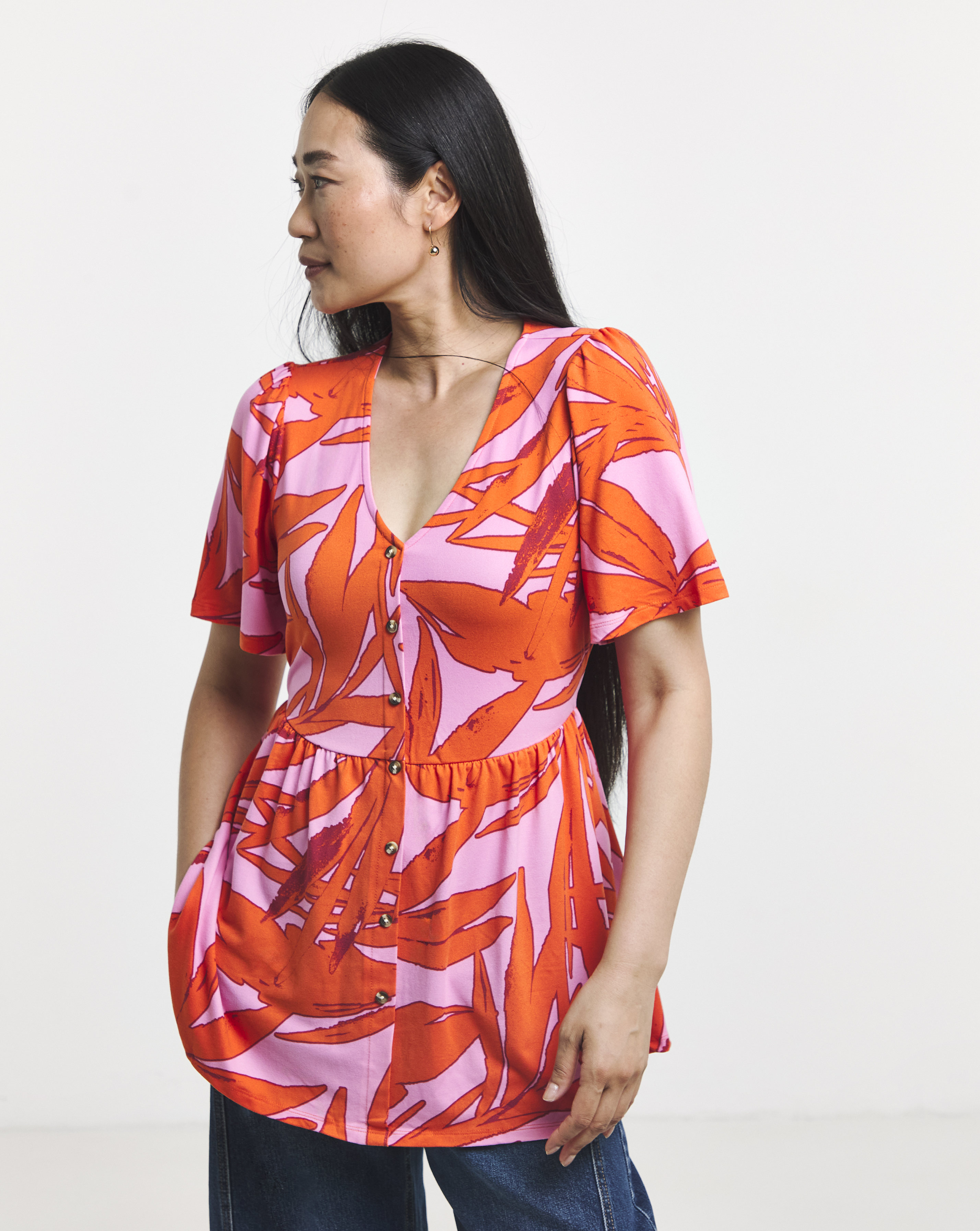 Palm Print Angel Sleeve Longline Top