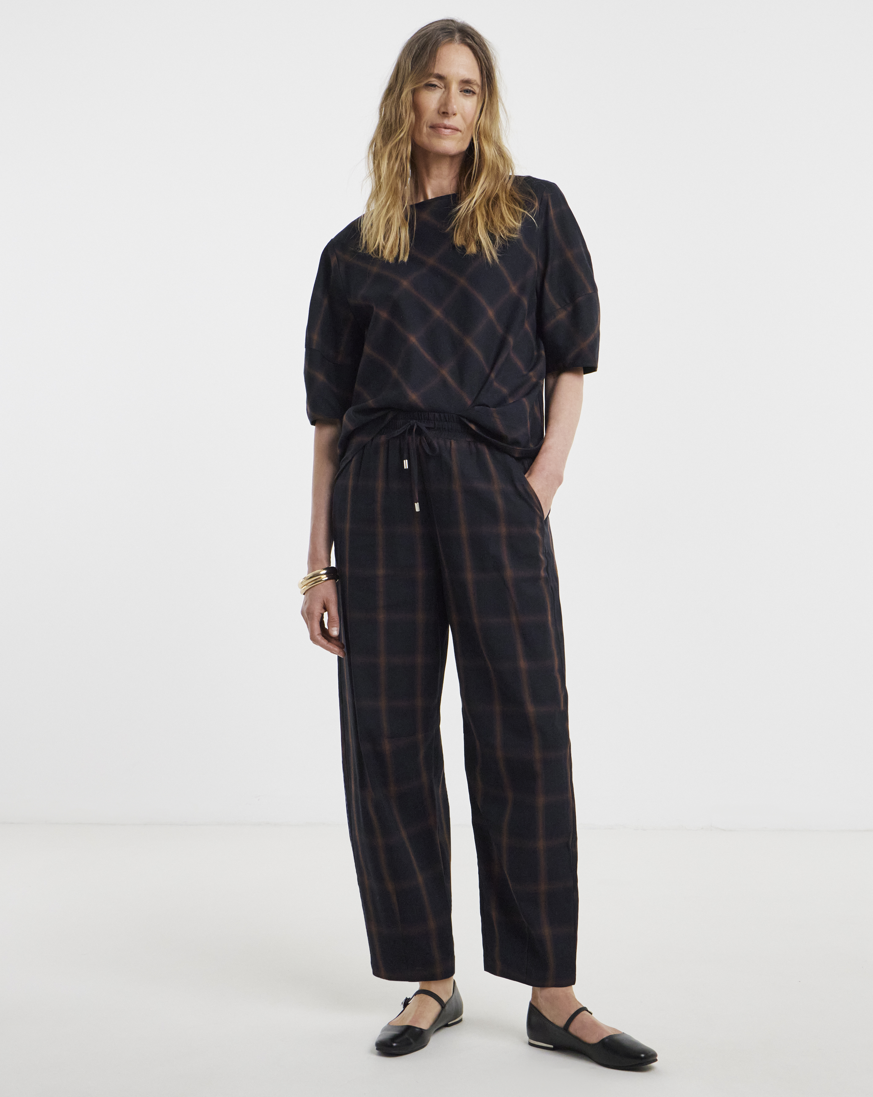 Navy Check Tie Waist Barrel Leg Trouser Co-ord