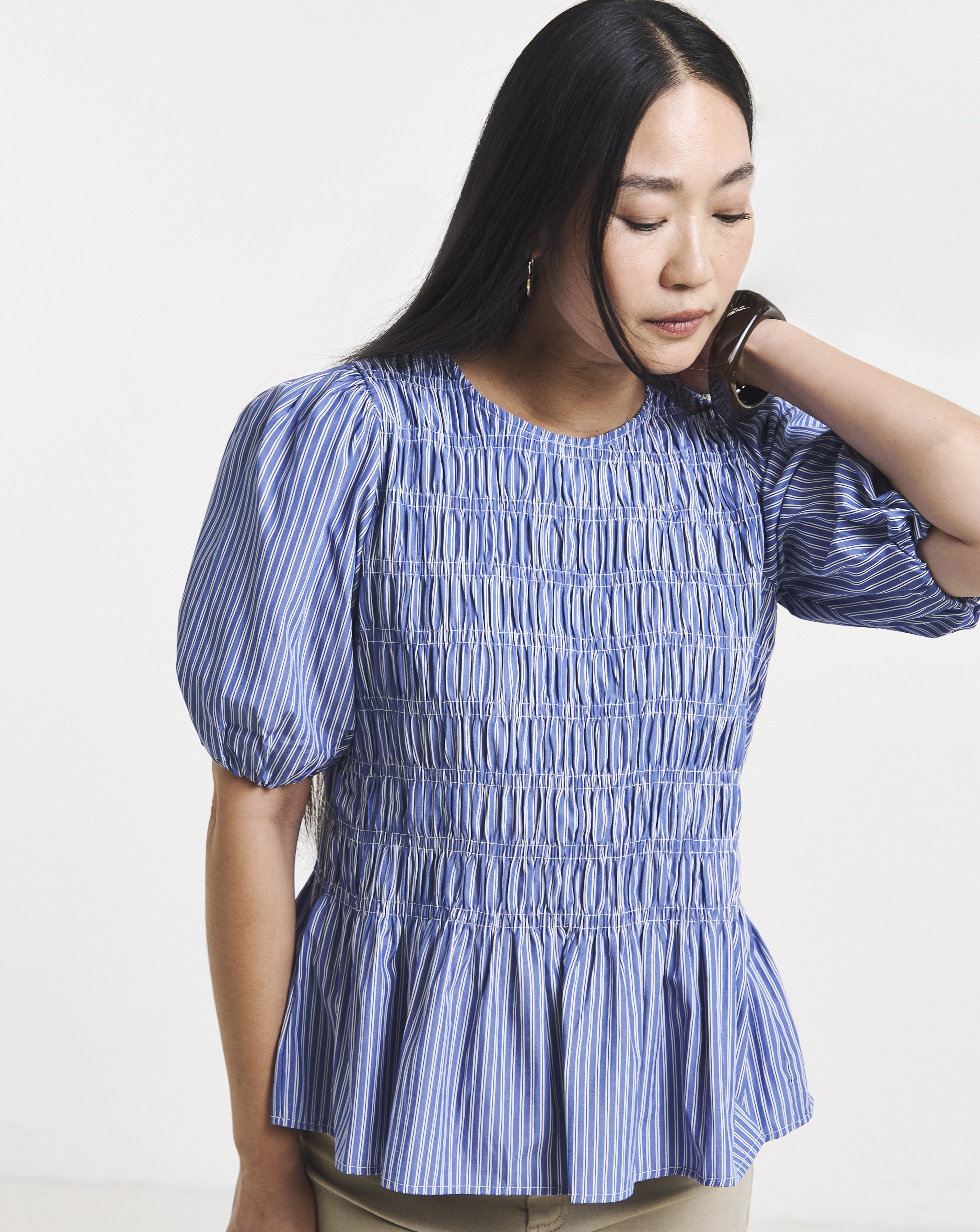 Navy Shirred Peplum Stripe Crew Neck Blouse