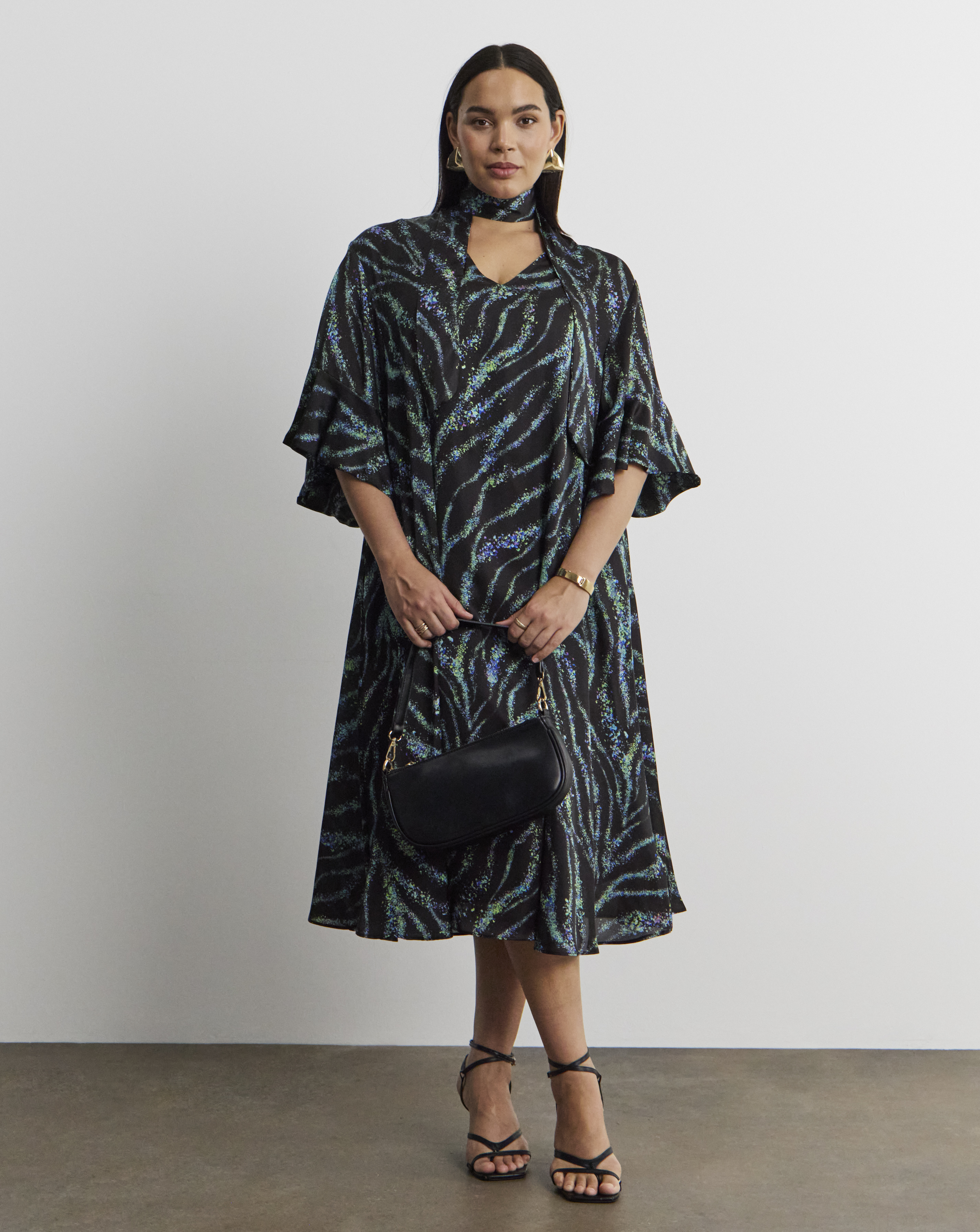 Joanna Hope Tie Neck Swing Midi Dress