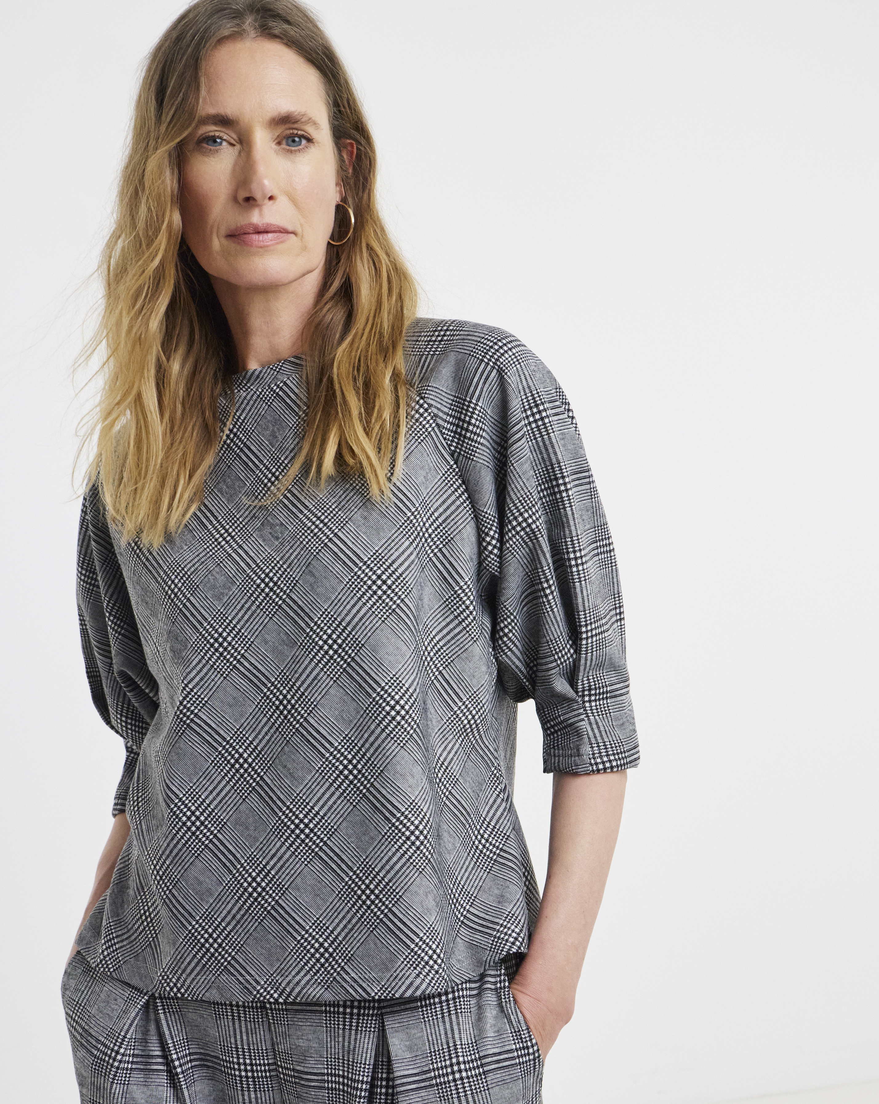 Grey Checked Raglan Sleeve Top