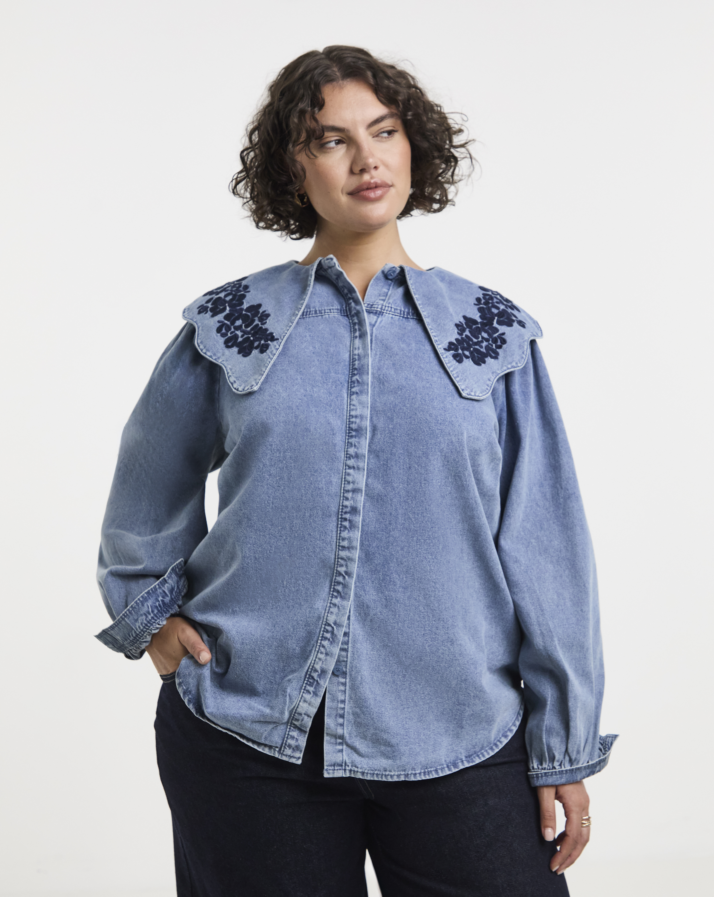 Mid Wash Blouse with Embroidered Collar
