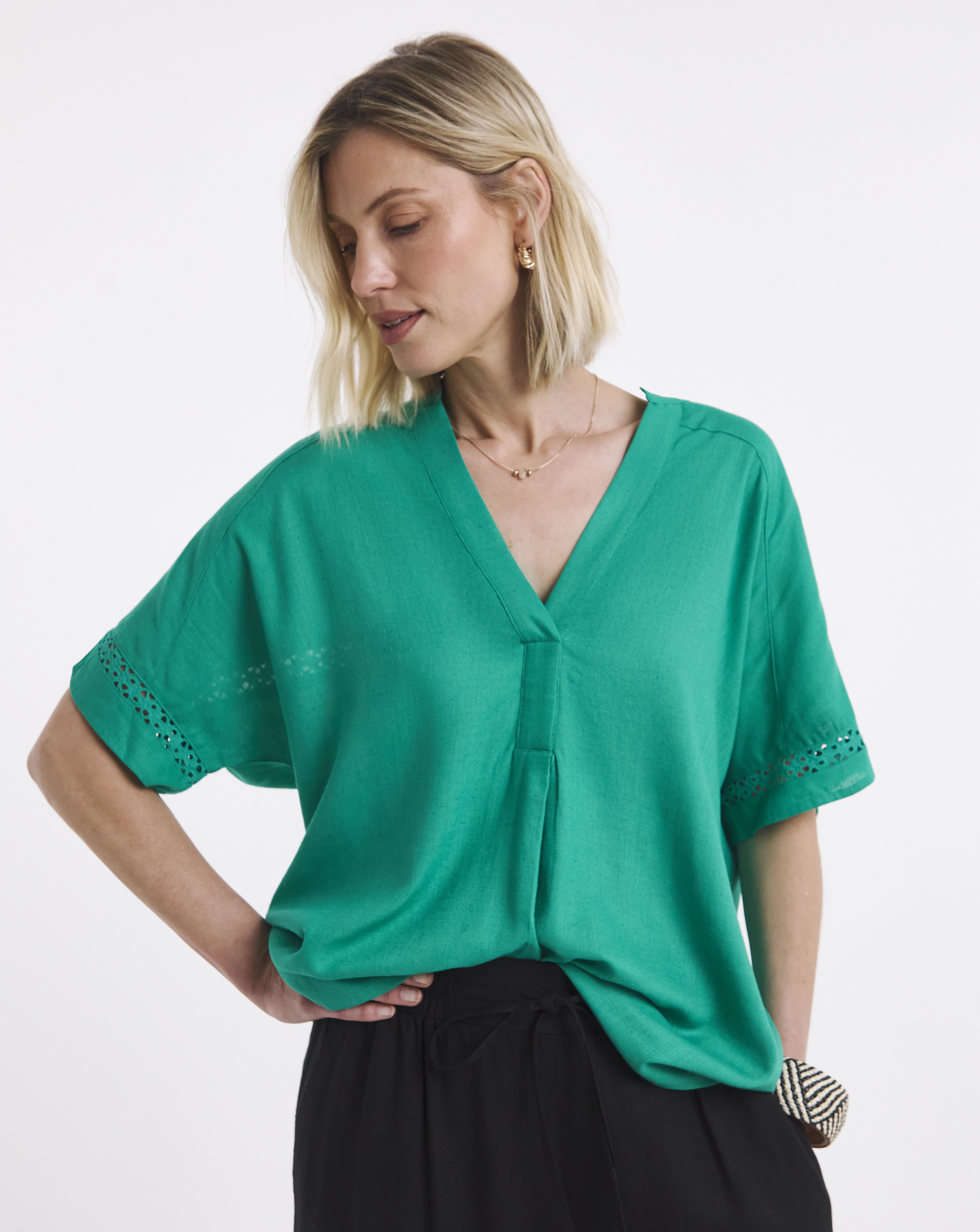 Crochet Trim Linen Mix Tunic Top