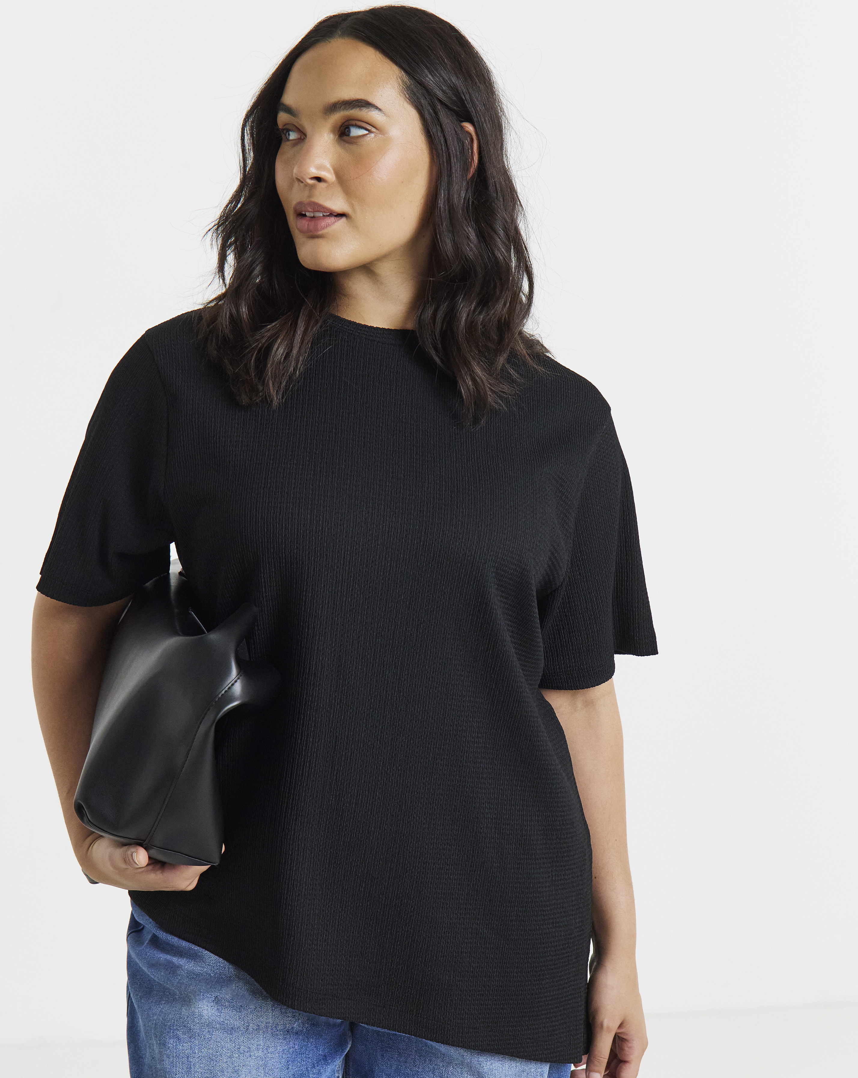 Simply Be Black Crew Neck Textured Asymmetrical Hem Longline Top