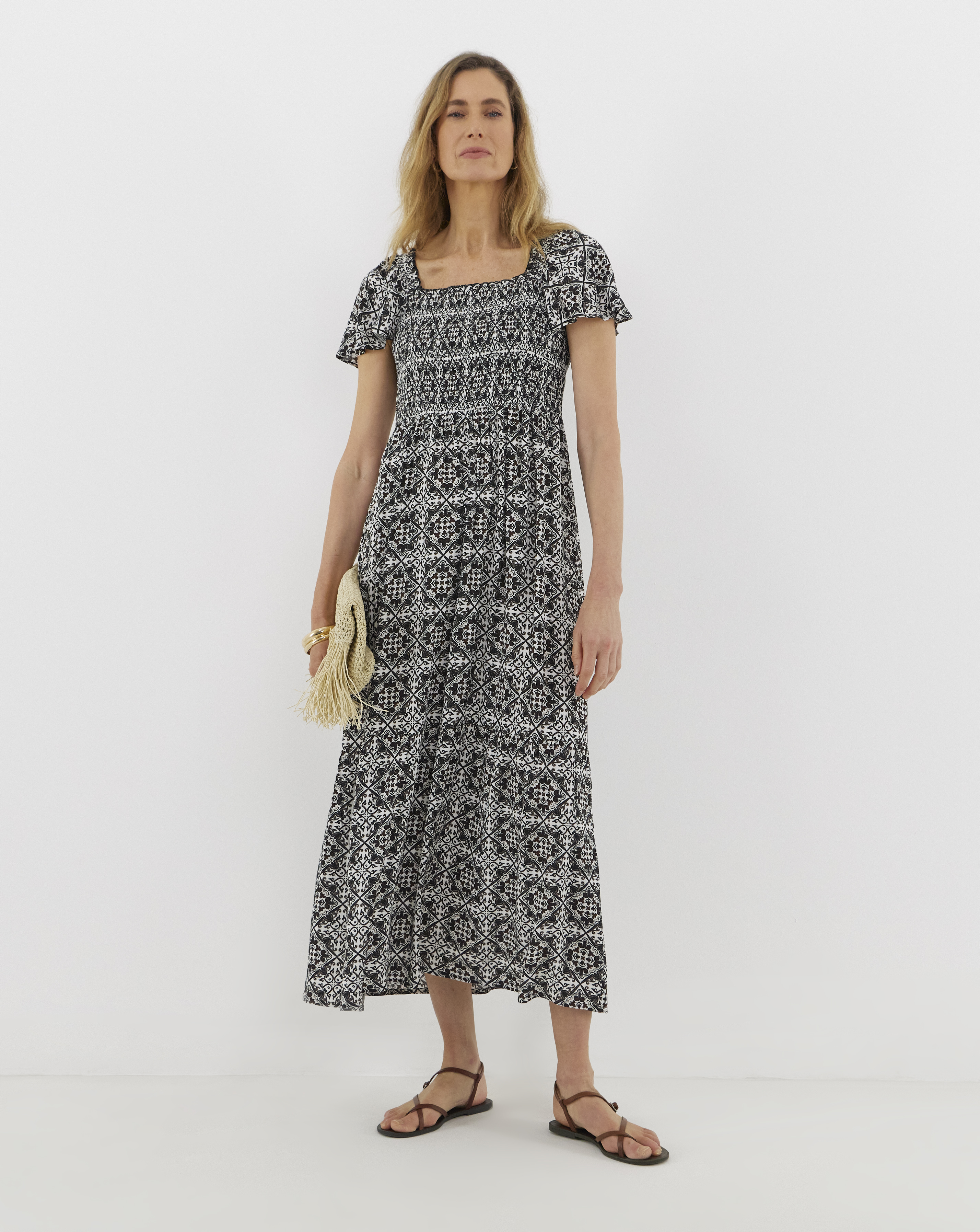 Crinkle Shirred Flutter Sleeve Dress