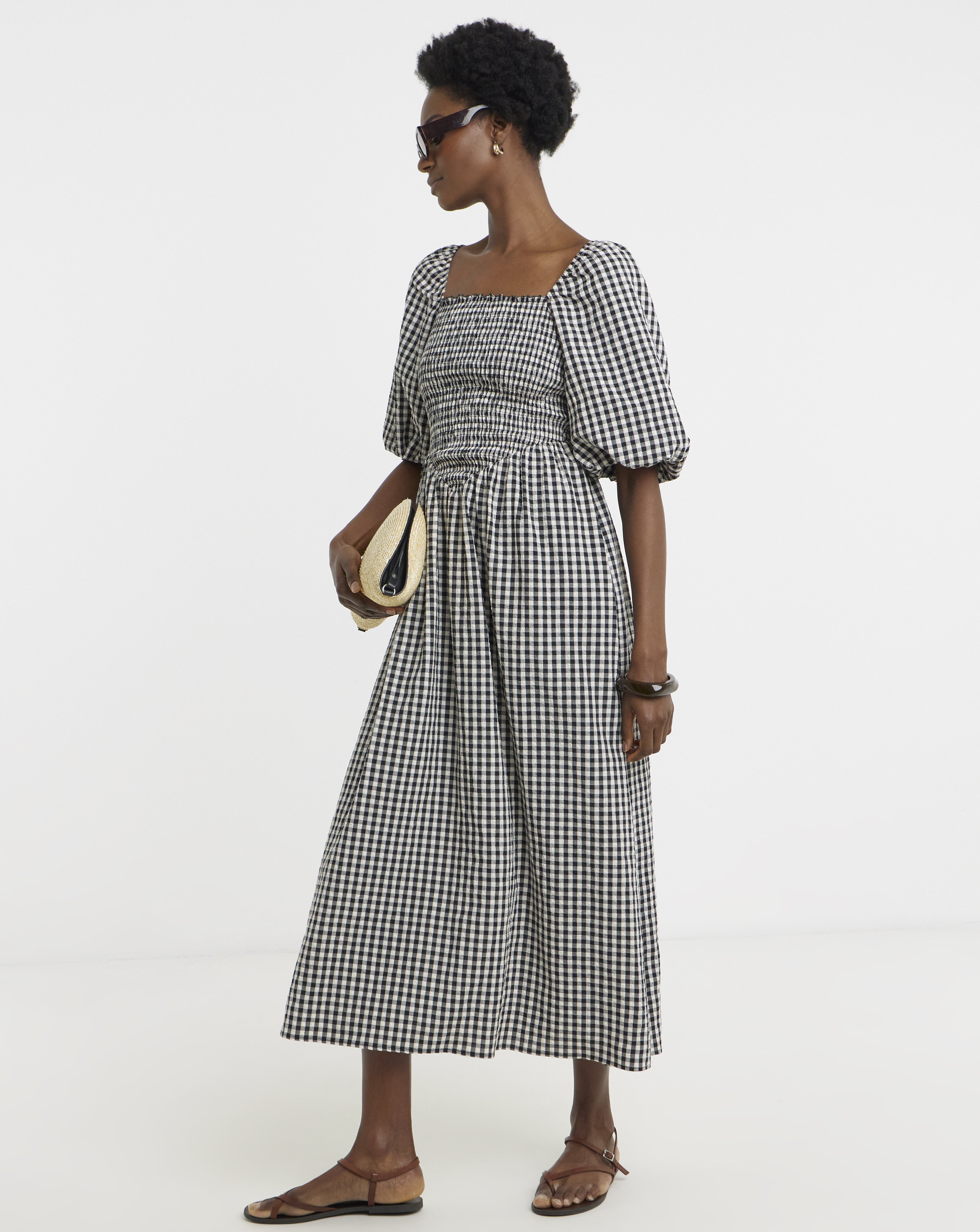 Check Shirred Dress