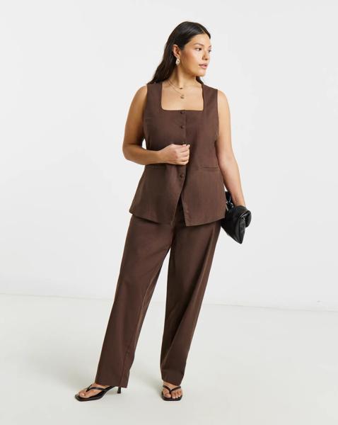 Simply Be Choc Linen Barrel Trousers