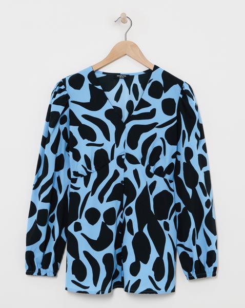 Blue Print Mock Button Blouse