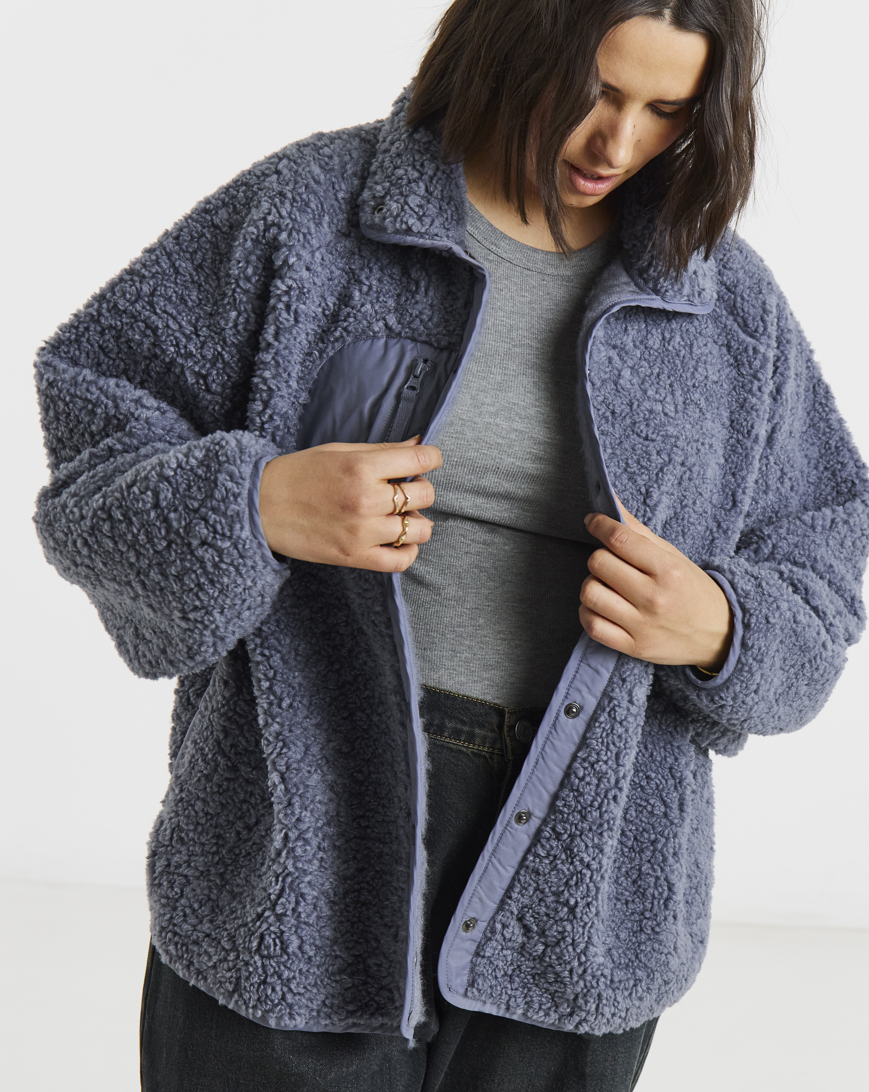Teddy Fleece Nylon Pocket Button Through