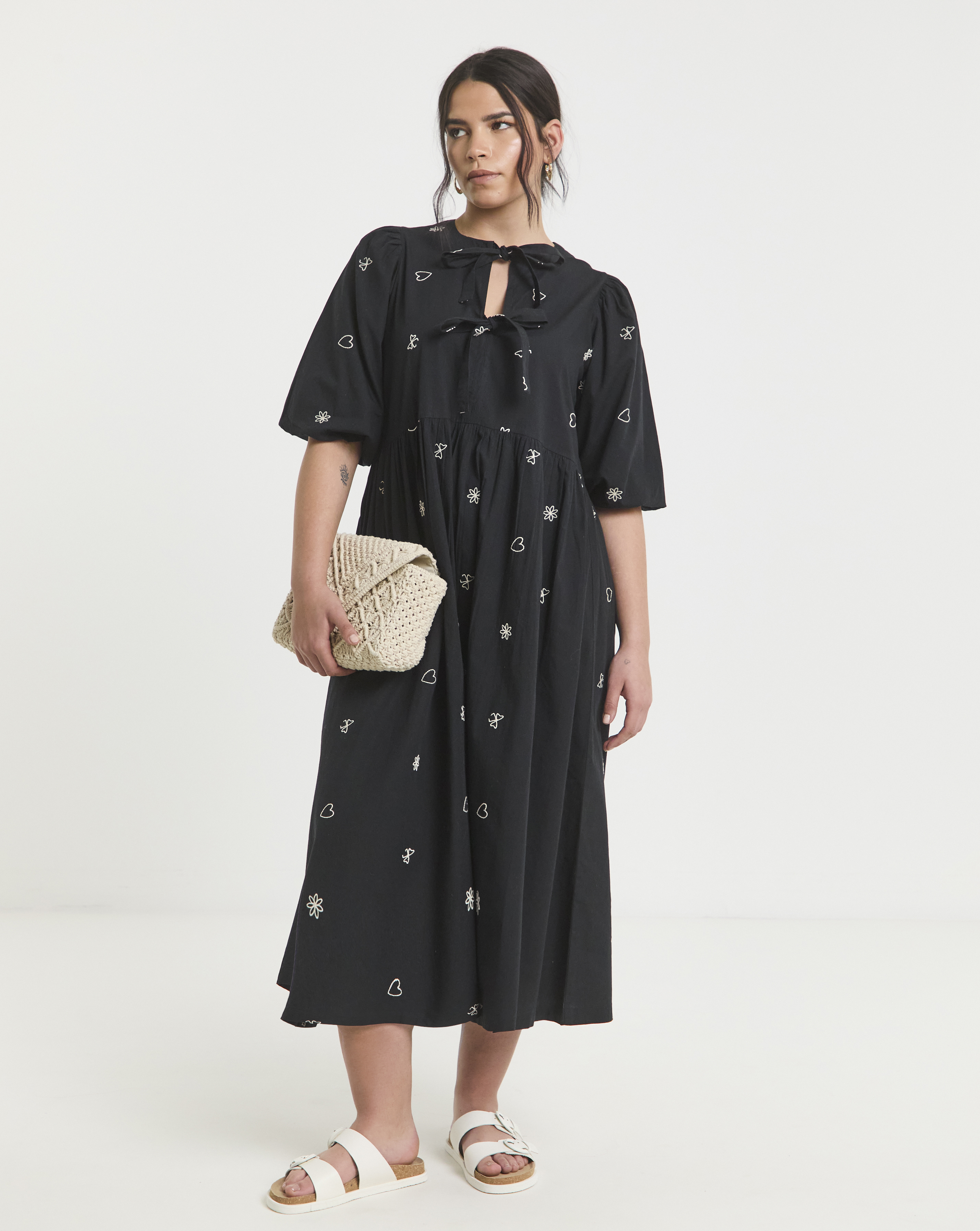Simply Be - Women's Bow Embroidered Midi Dress - Size 10 - Black - 100% Cotton