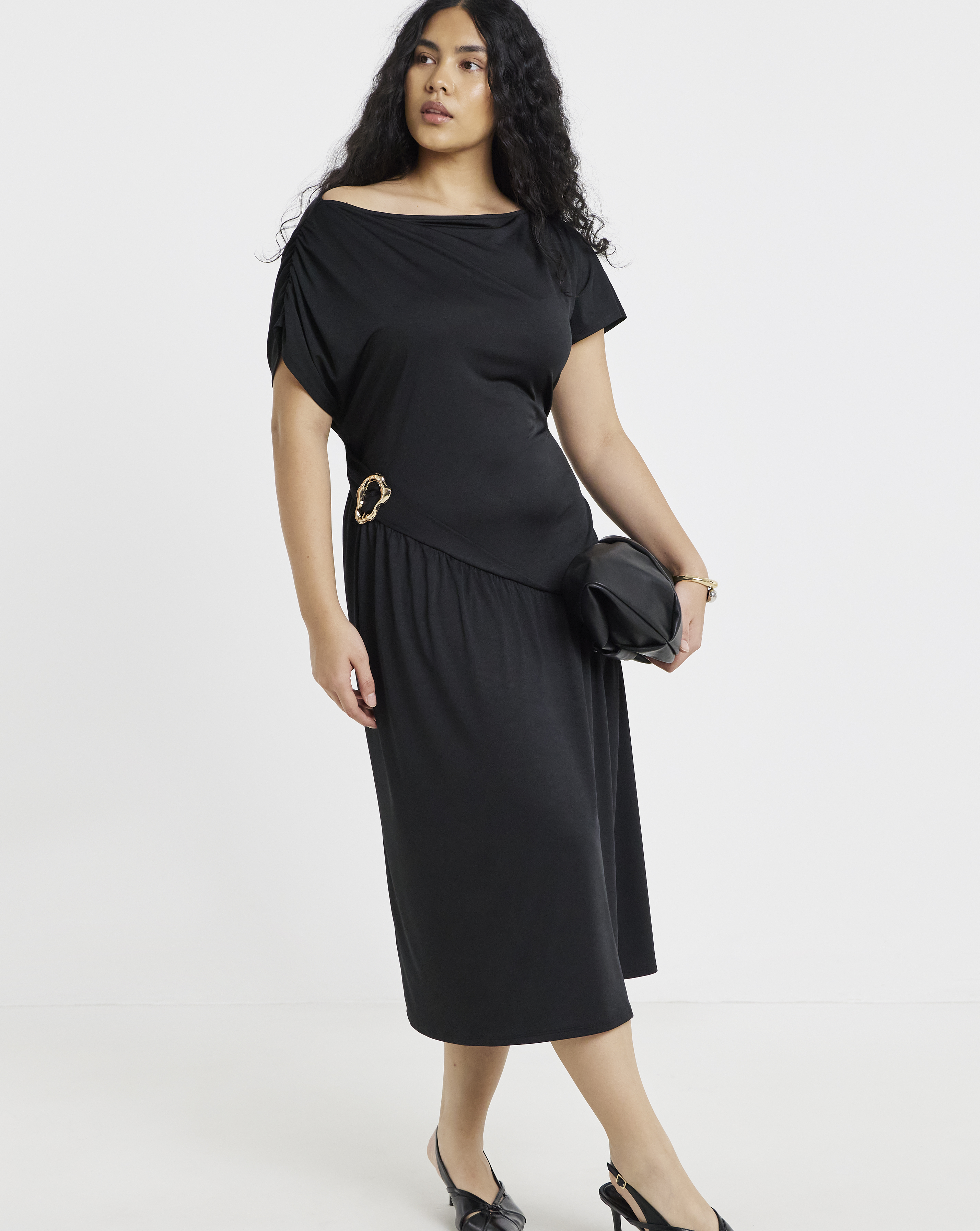 Drape Midi Dress With Buckle Detail