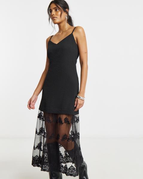 Black Lace Hem Overlay Slip Dress