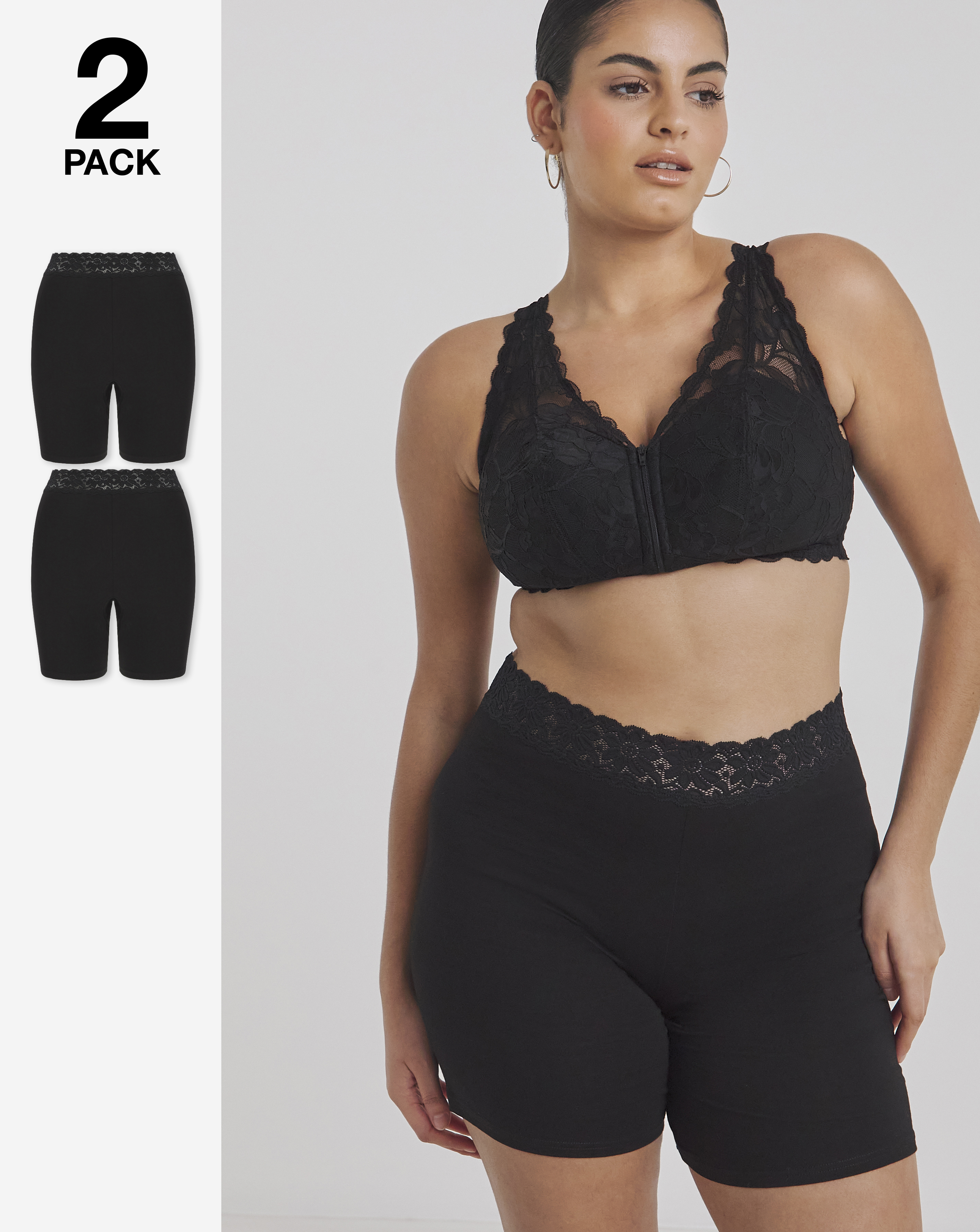 Pretty Secrets 2 Pack Cotton Comfort Lace Trim Shorts In Black/black | UK Size 41974 Women's