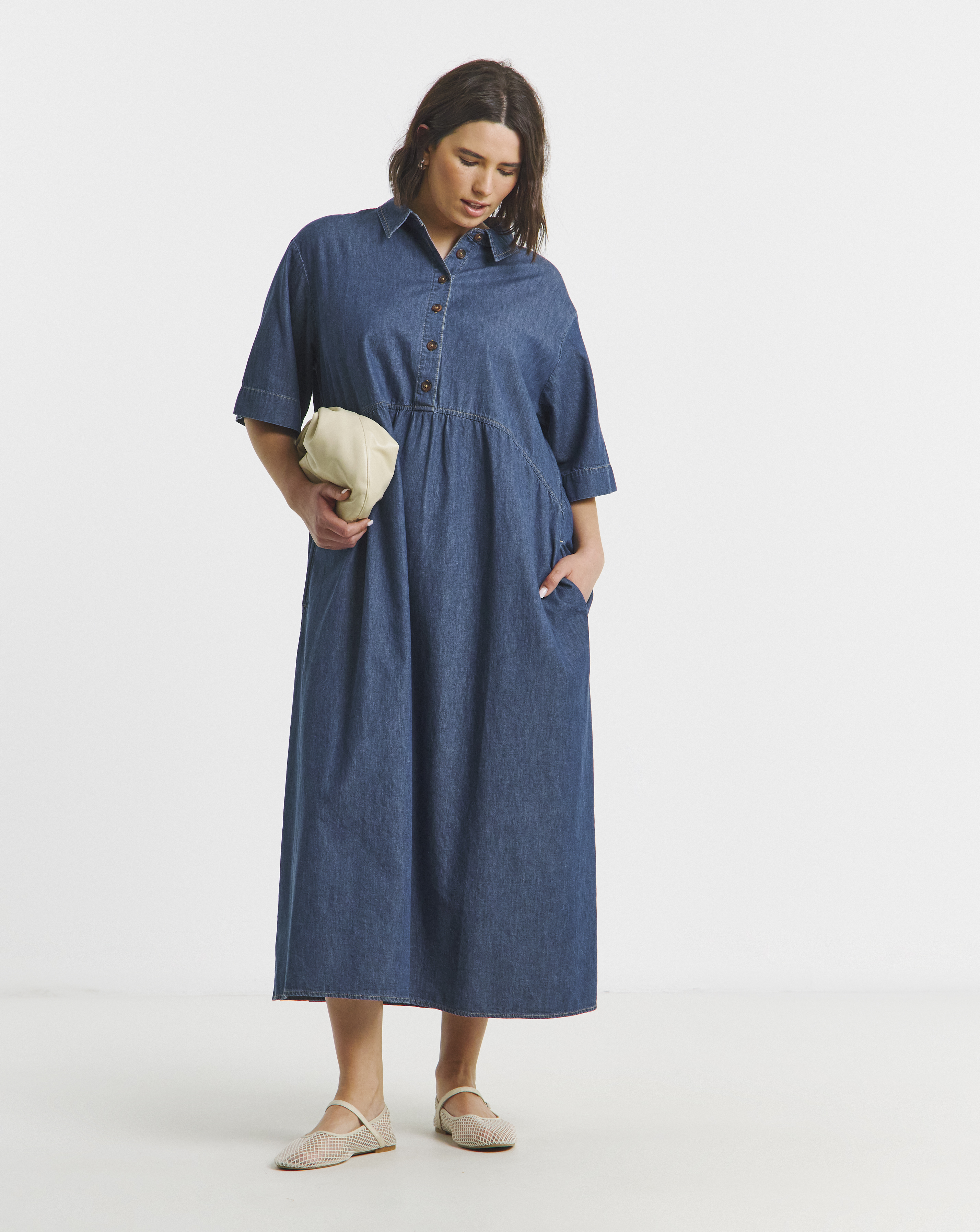 Short Sleeve Collared Denim Midaxi Dress
