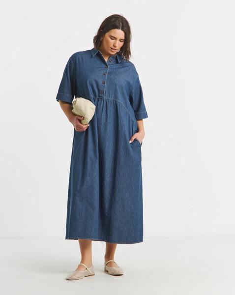 Short Sleeve Collared Denim Midaxi Dress