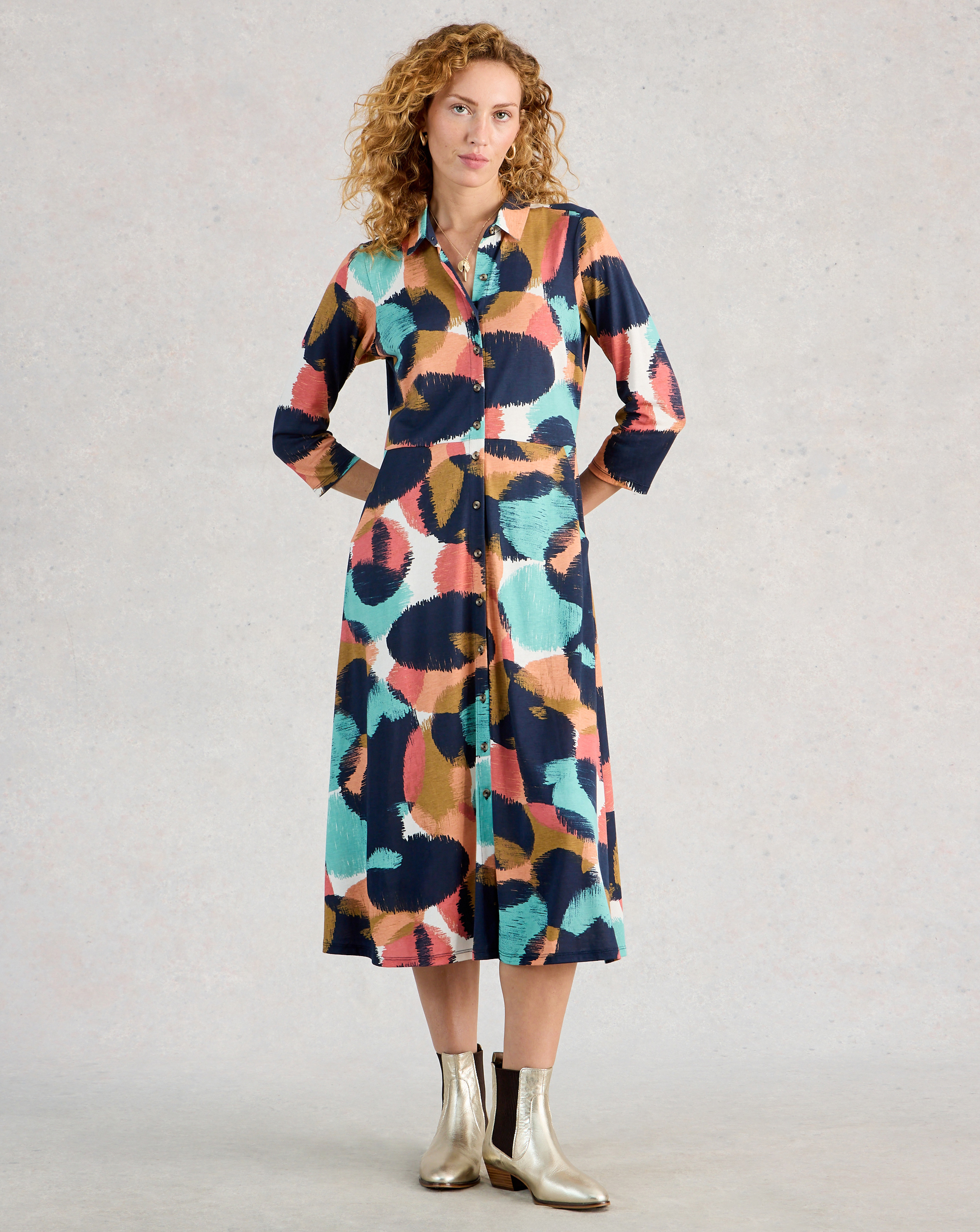 White Stuff Navy Multi Rua Shirt Dress - Size 8
