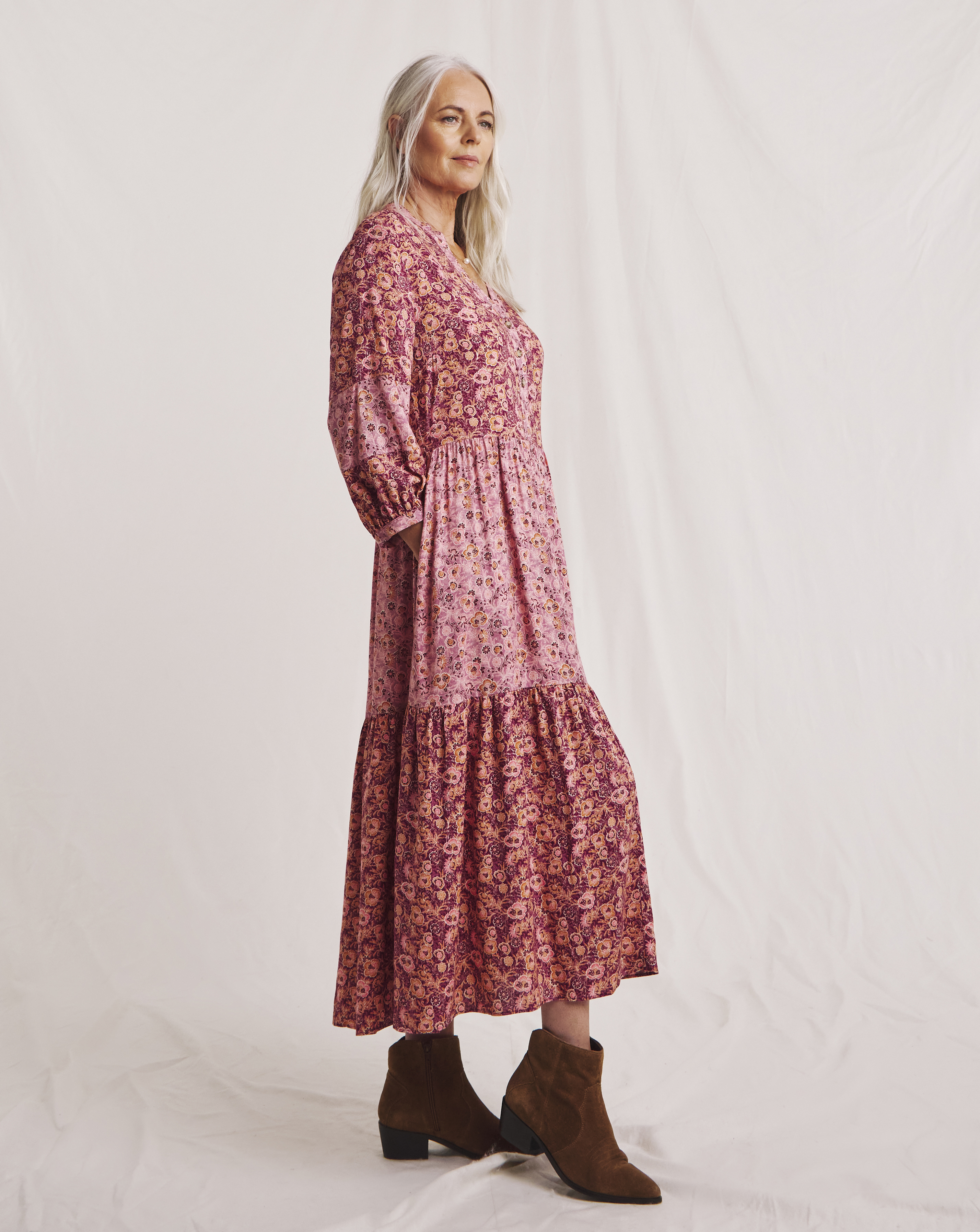 Julipa Tiered Mix Print Midi Dress
