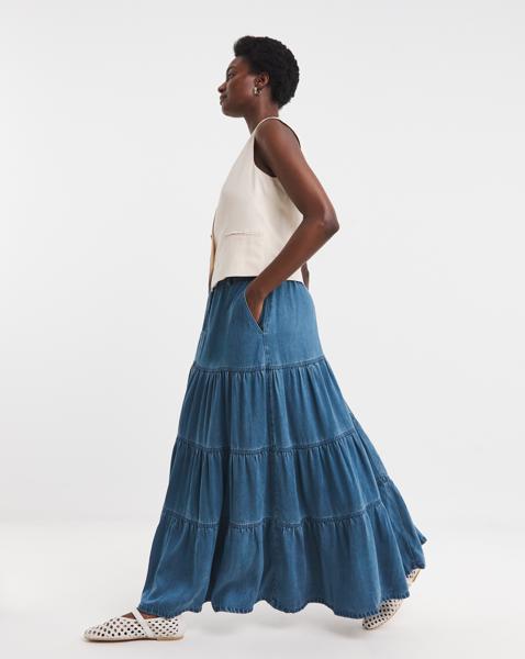 Blue Lyocell Soft Maxi Tiered Skirt