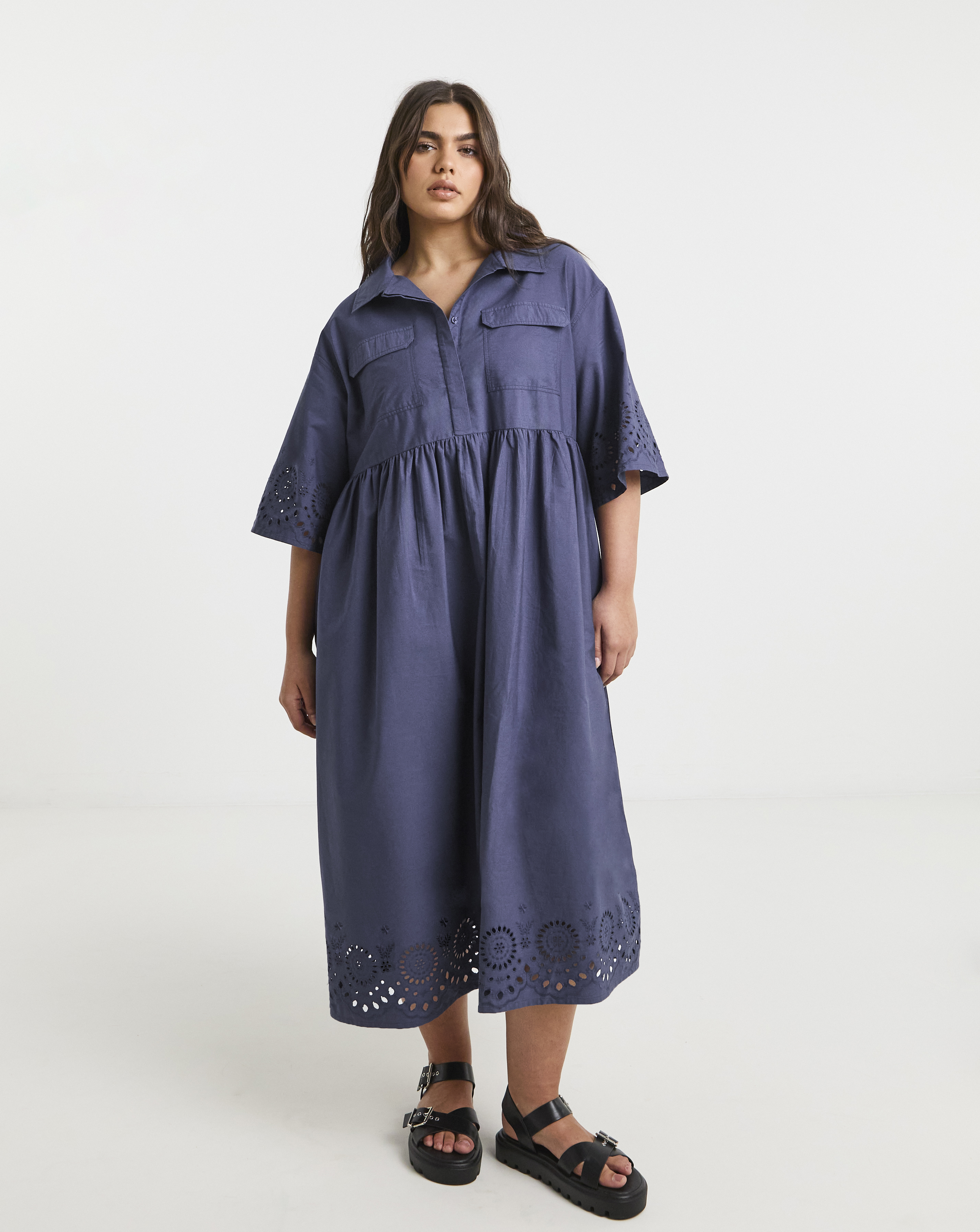Simply Be - Women's Blue Broderie Detail Shirt Dress - Size 10 - Blue - 100% Cotton