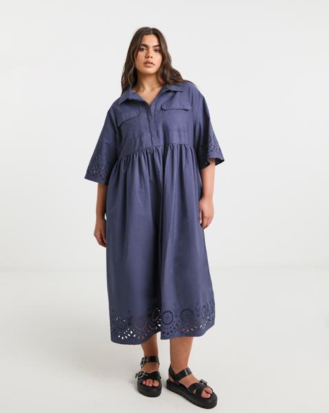 Blue Broderie Detail Shirt Dress