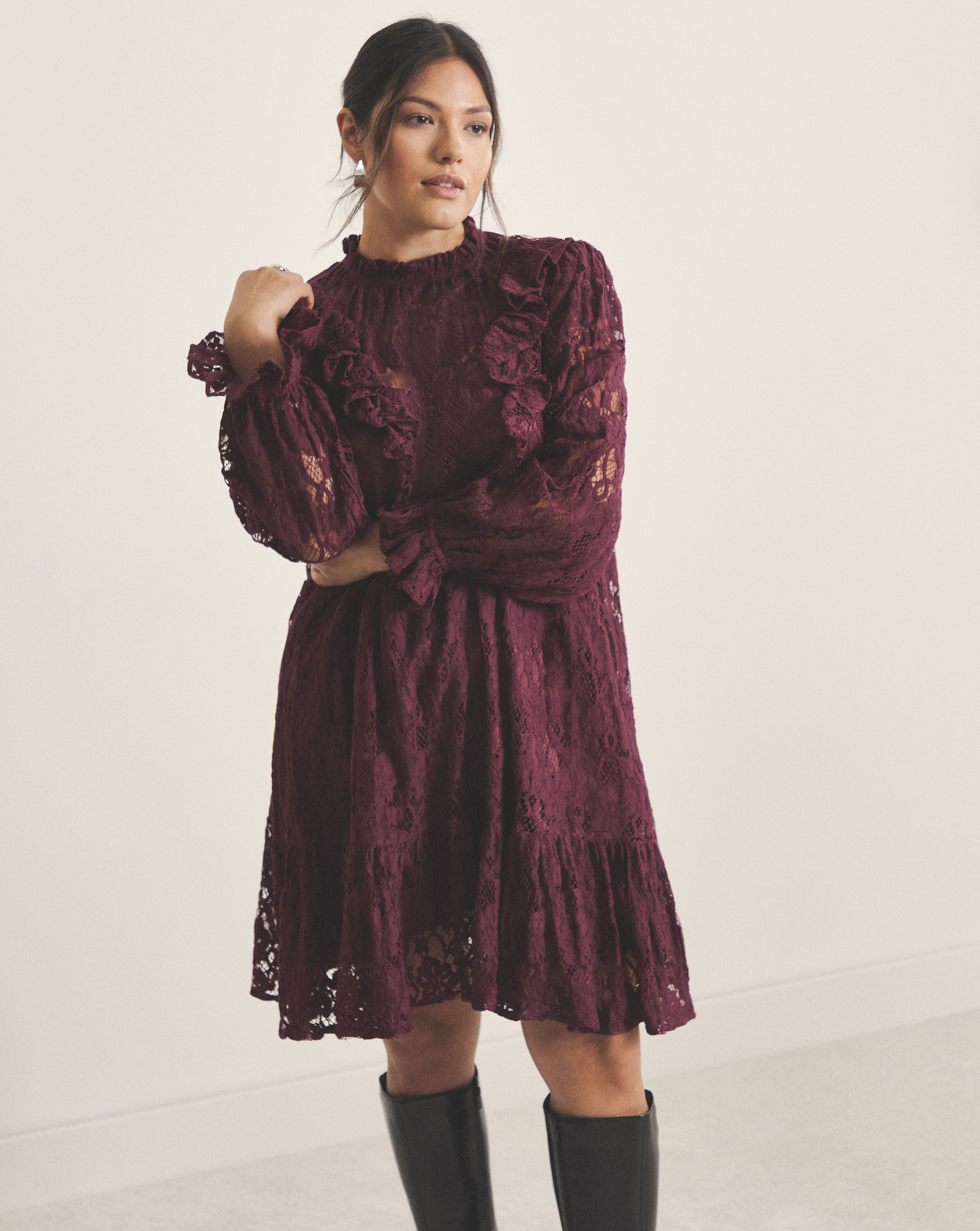 Burgundy Lace Ruffle Mini Dress