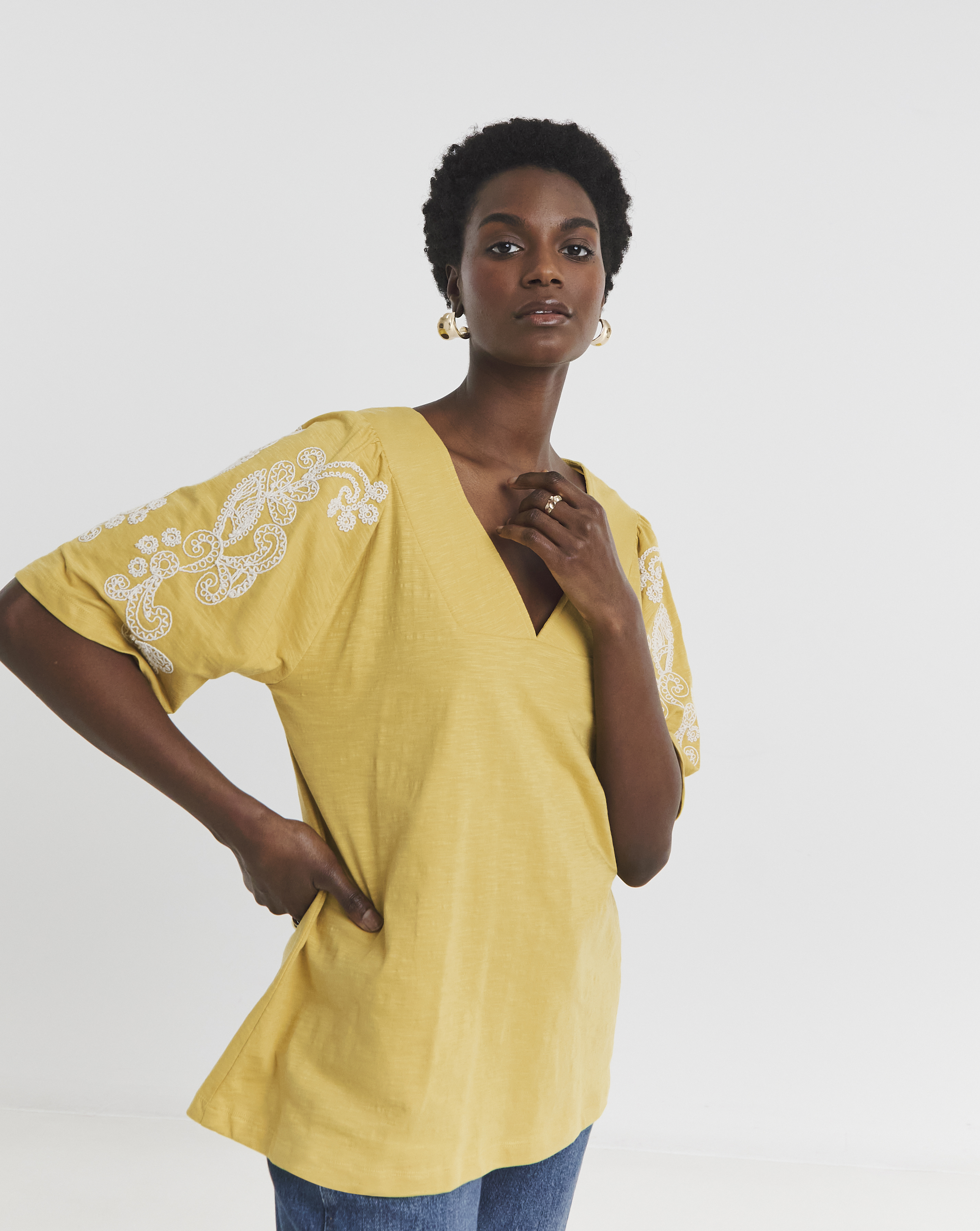 V Neck Embroidered Sleeve Top