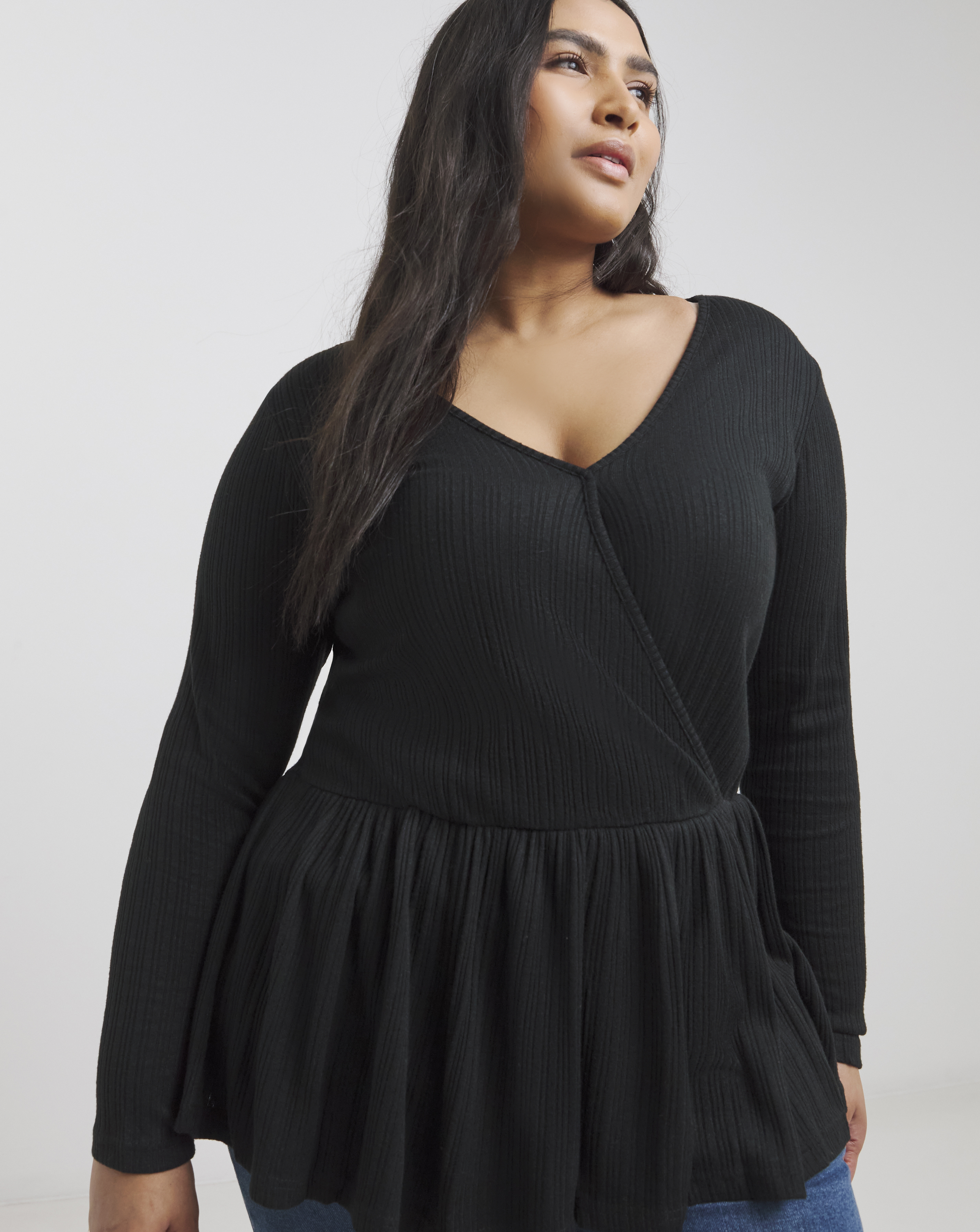 Black Ribbed Soft Touch Mock Wrap Top