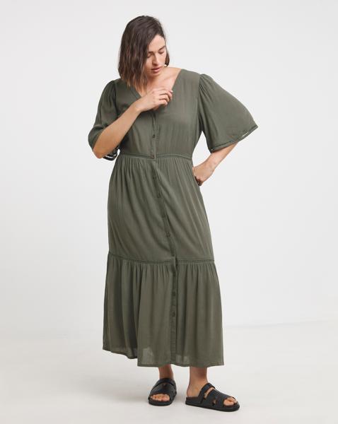 Simply Be Khaki Crinkle Ladder Trim Midi Dress - Image