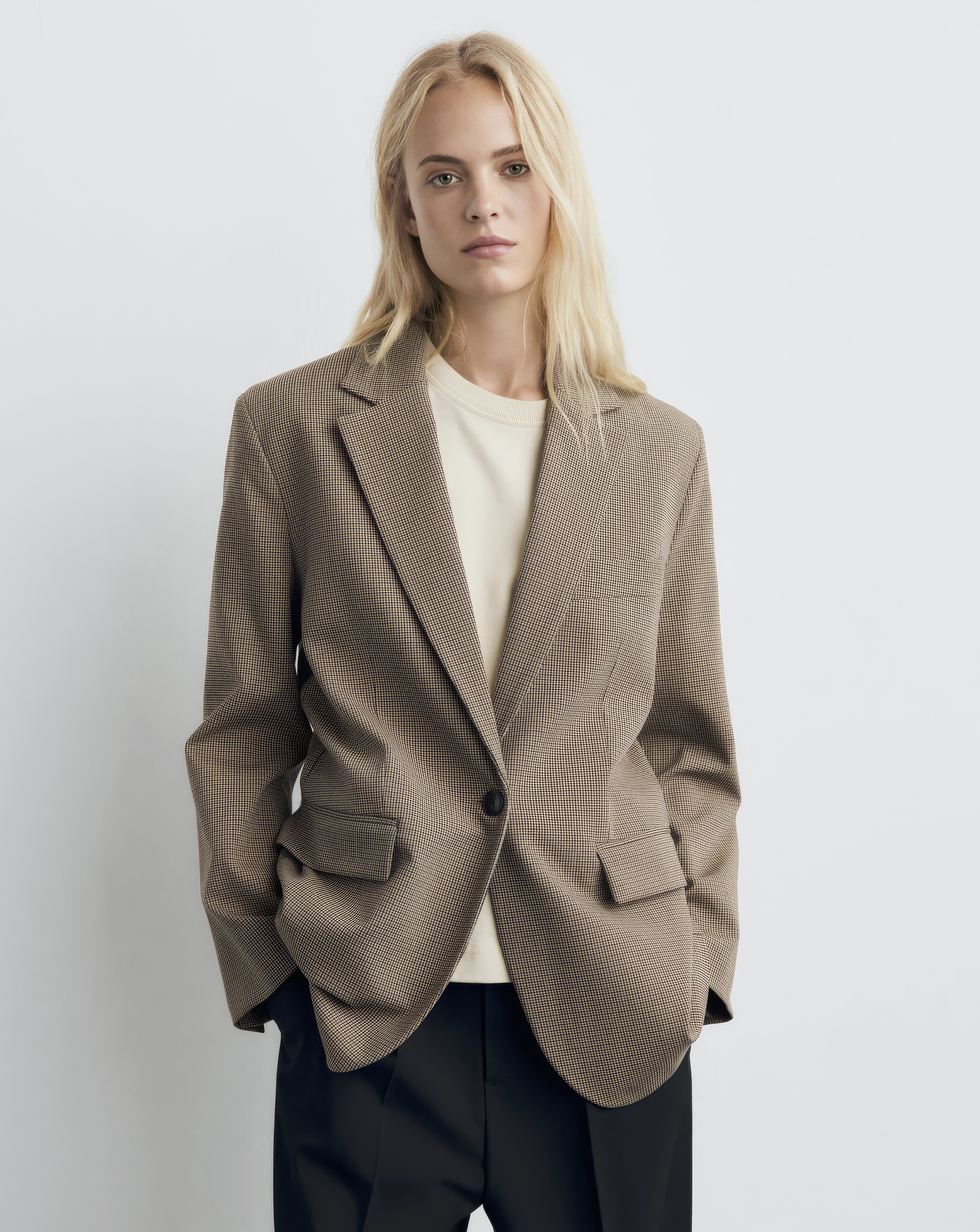 Mango V-Neck Micro Check Staple Blazer
