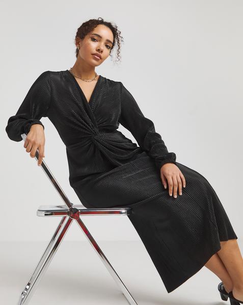 Black Plisse Twist Front Midi Dress