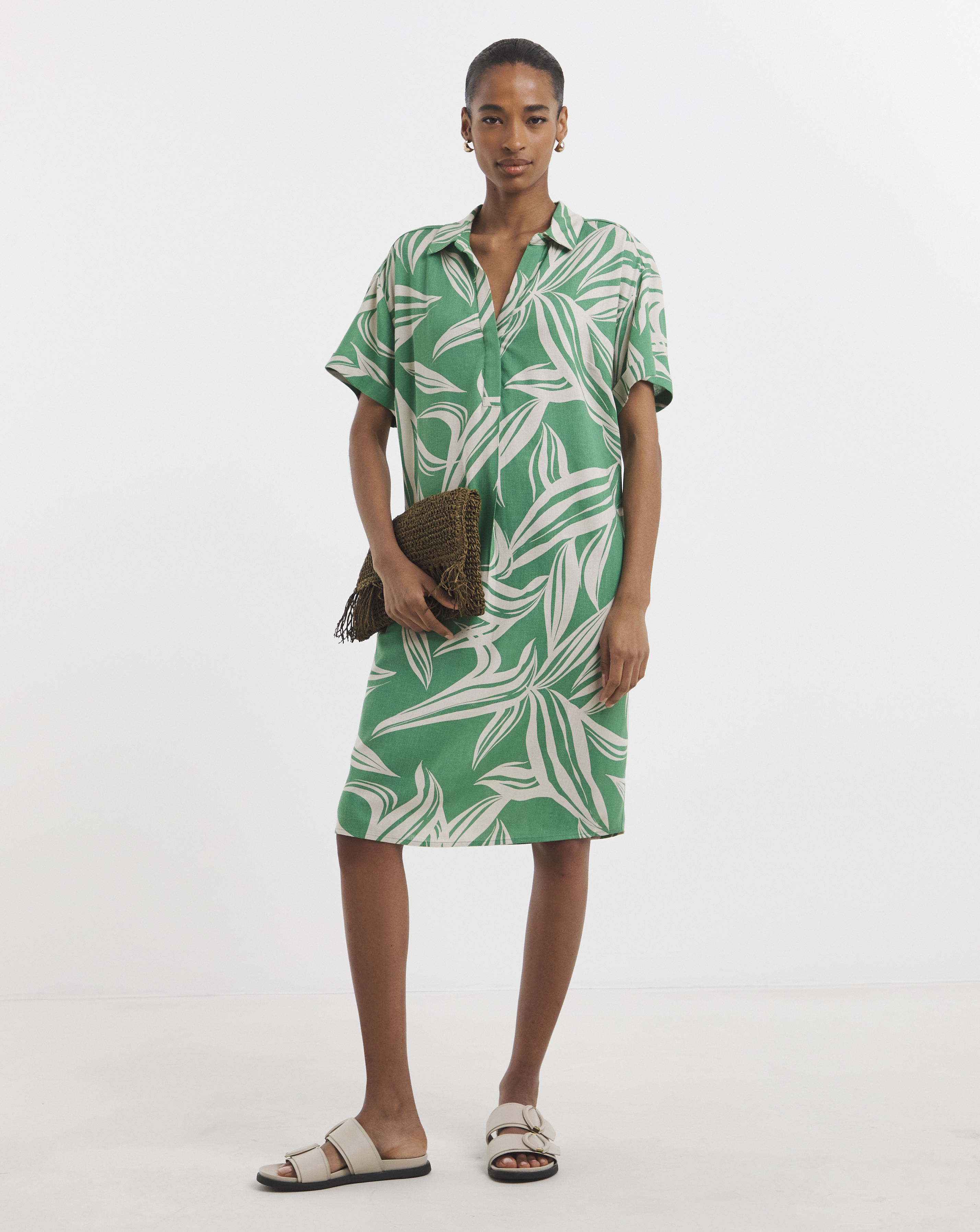 Linen Mix Collared Tunic Dress