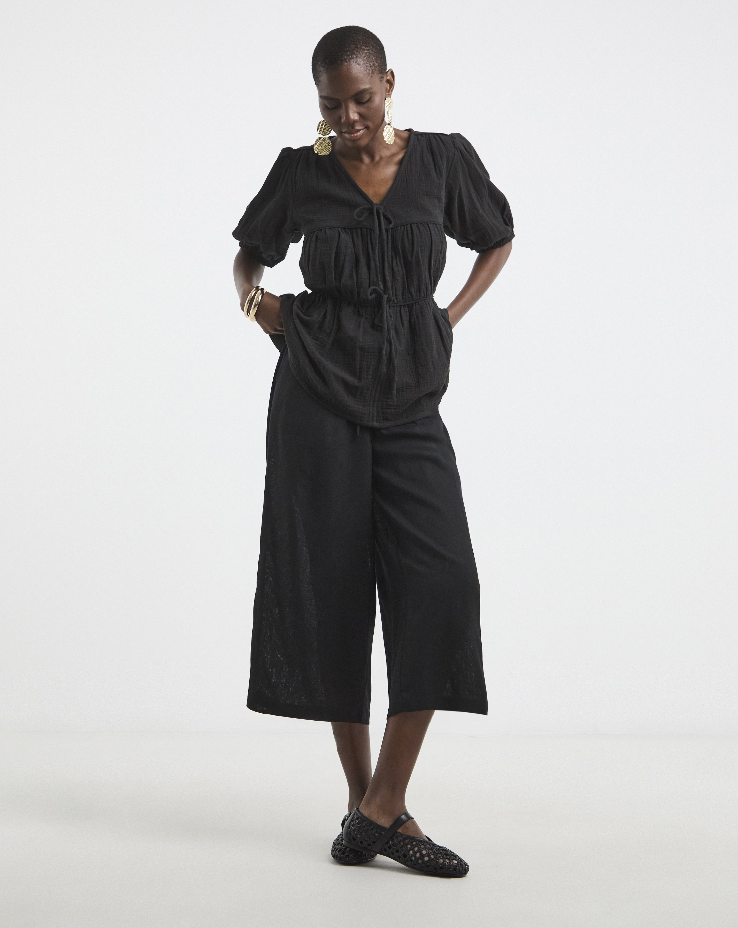 Linen Mix Cropped Wide Leg Culottes