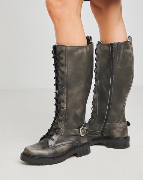Davina Leather Knee High Lace Up Utility Boots - Wide Fit (E) & Curvy Calf