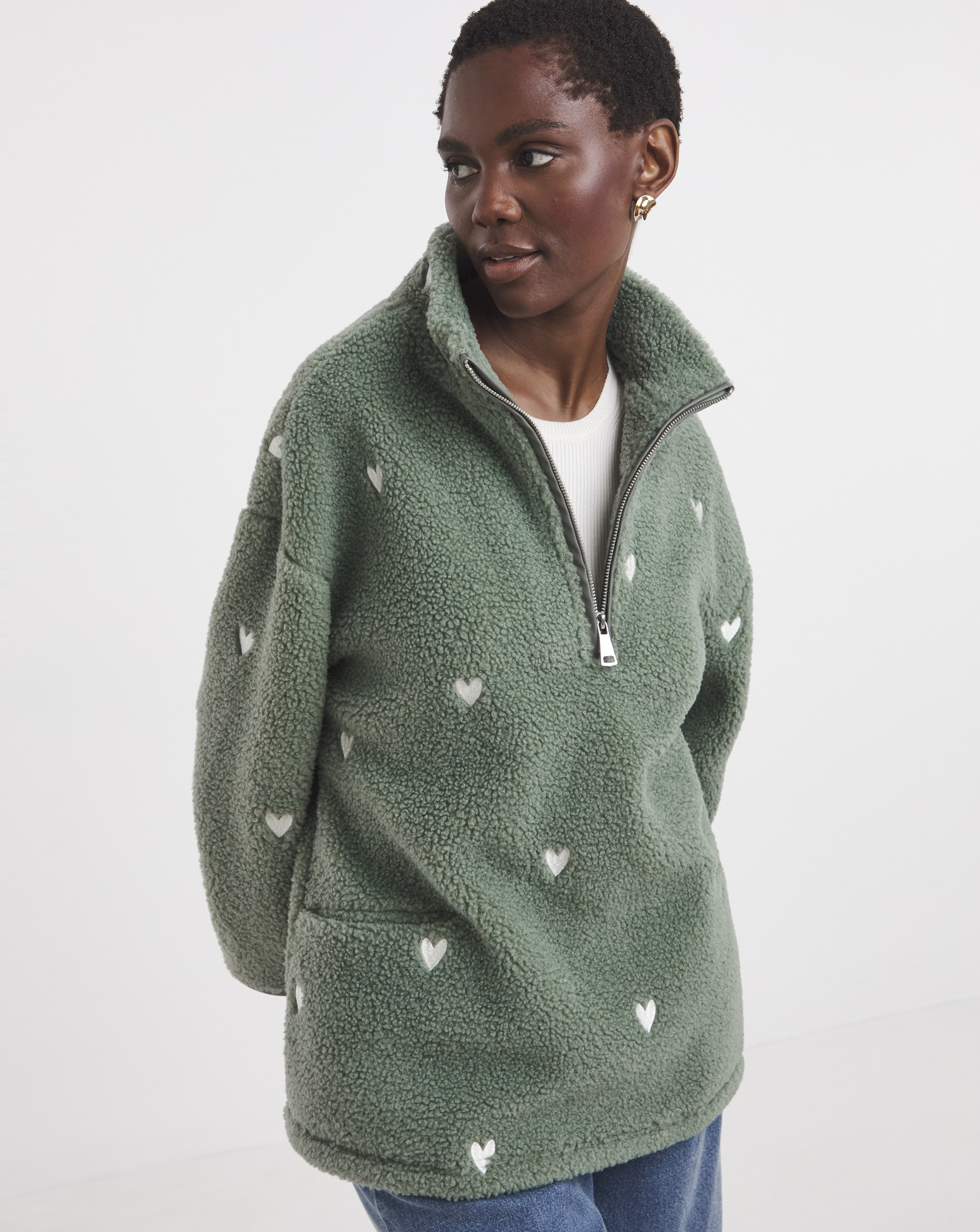 Longline Borg Quarter Zip Embroidered