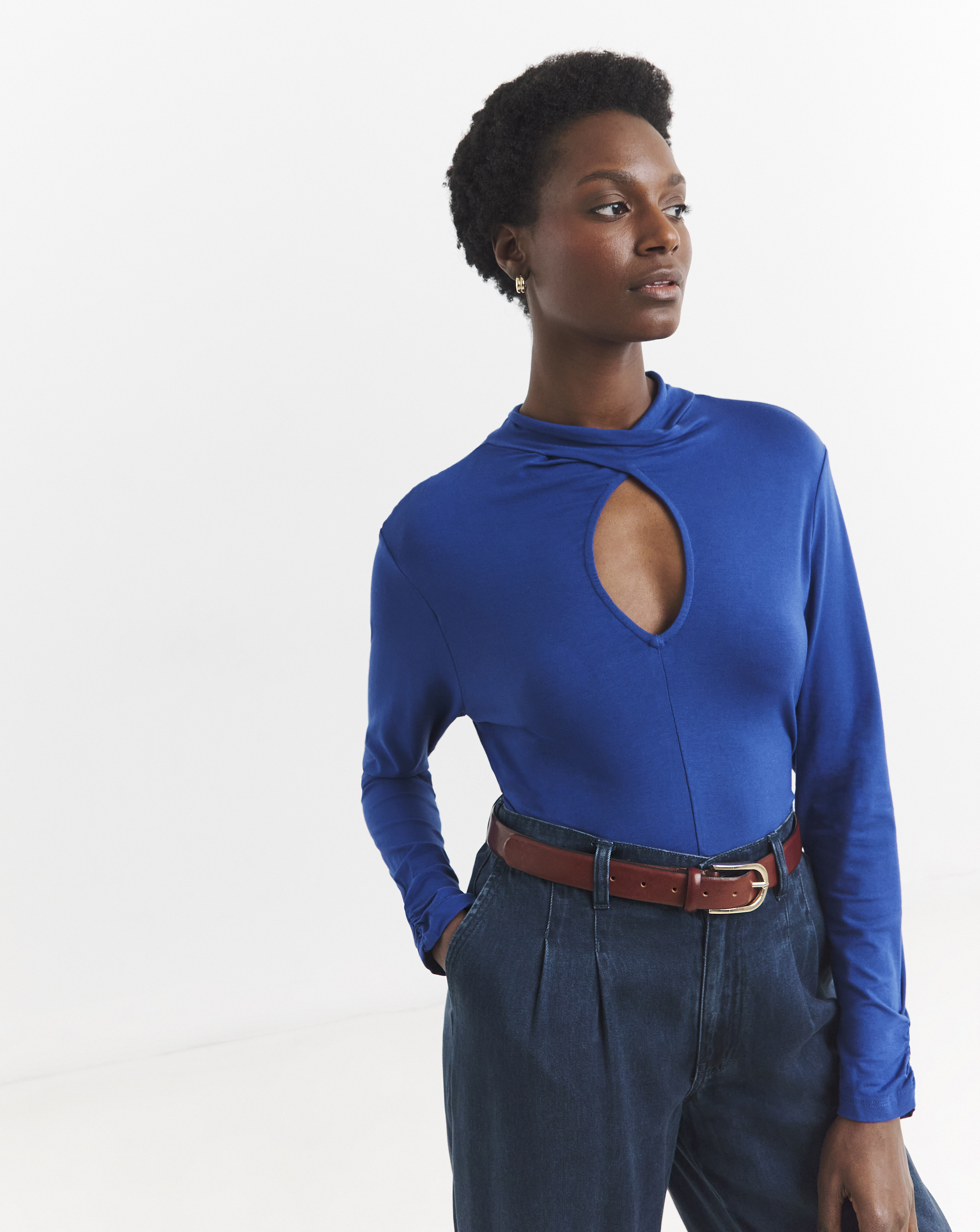 High Neck Blue Cut Out Detail Top