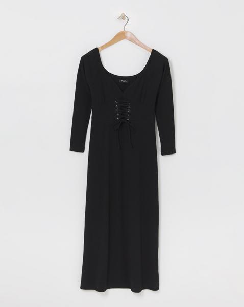 Black Corset Detail Rib Midi Dress