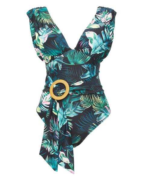 Dark Tropics Ruched Plunge Swimsuit