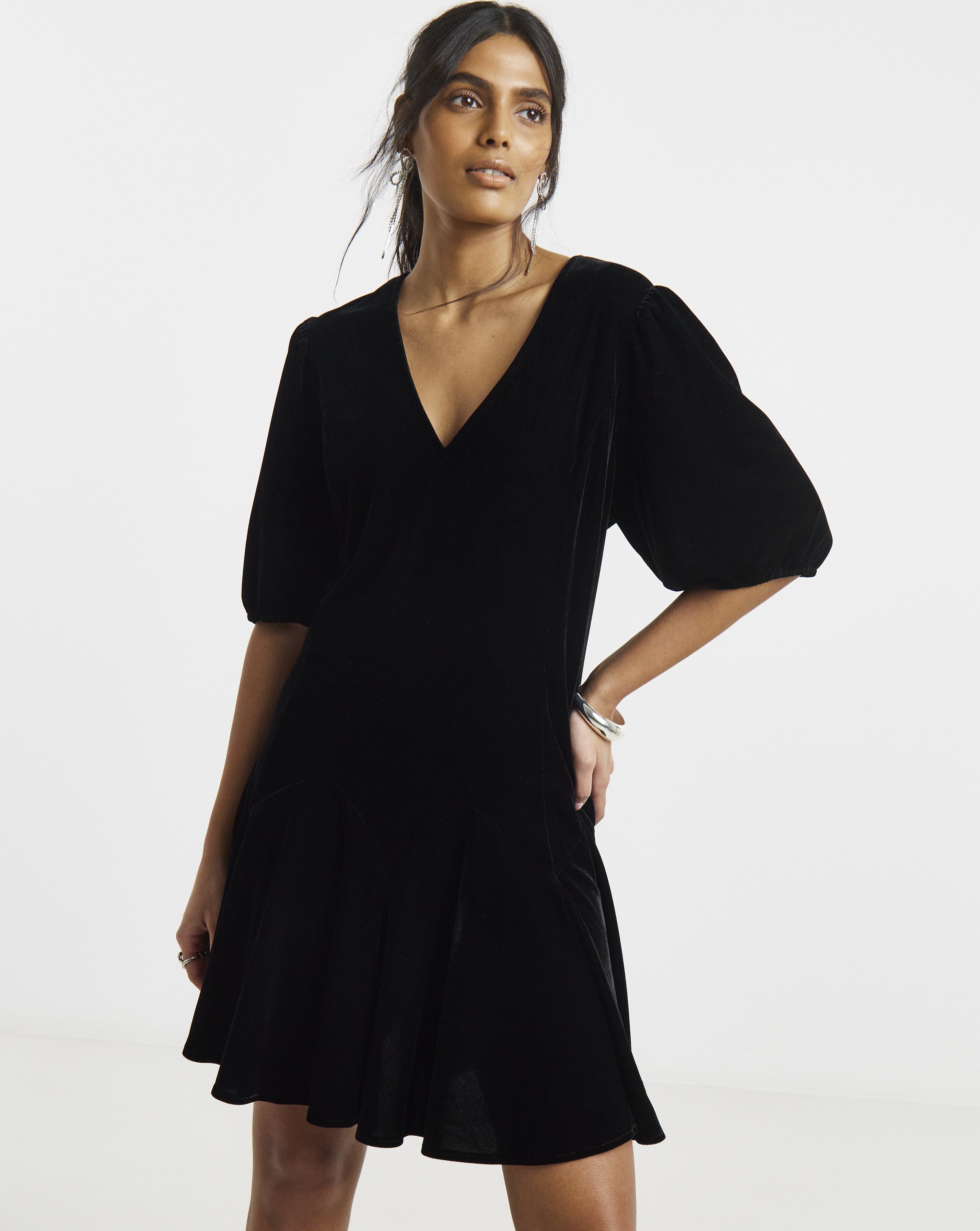 Black Velour Godet Swing Dress