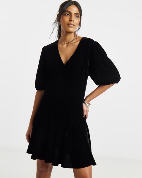 Black Velour Godet Swing Dress