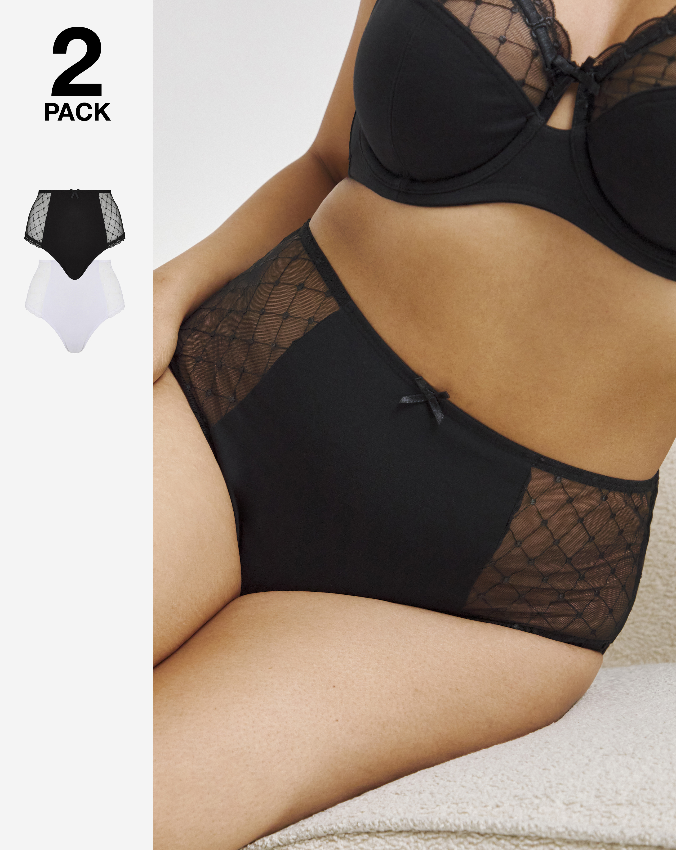 2 Pack Rachel Embroidery Deep Brief - Black/white - Size 12 - Women's