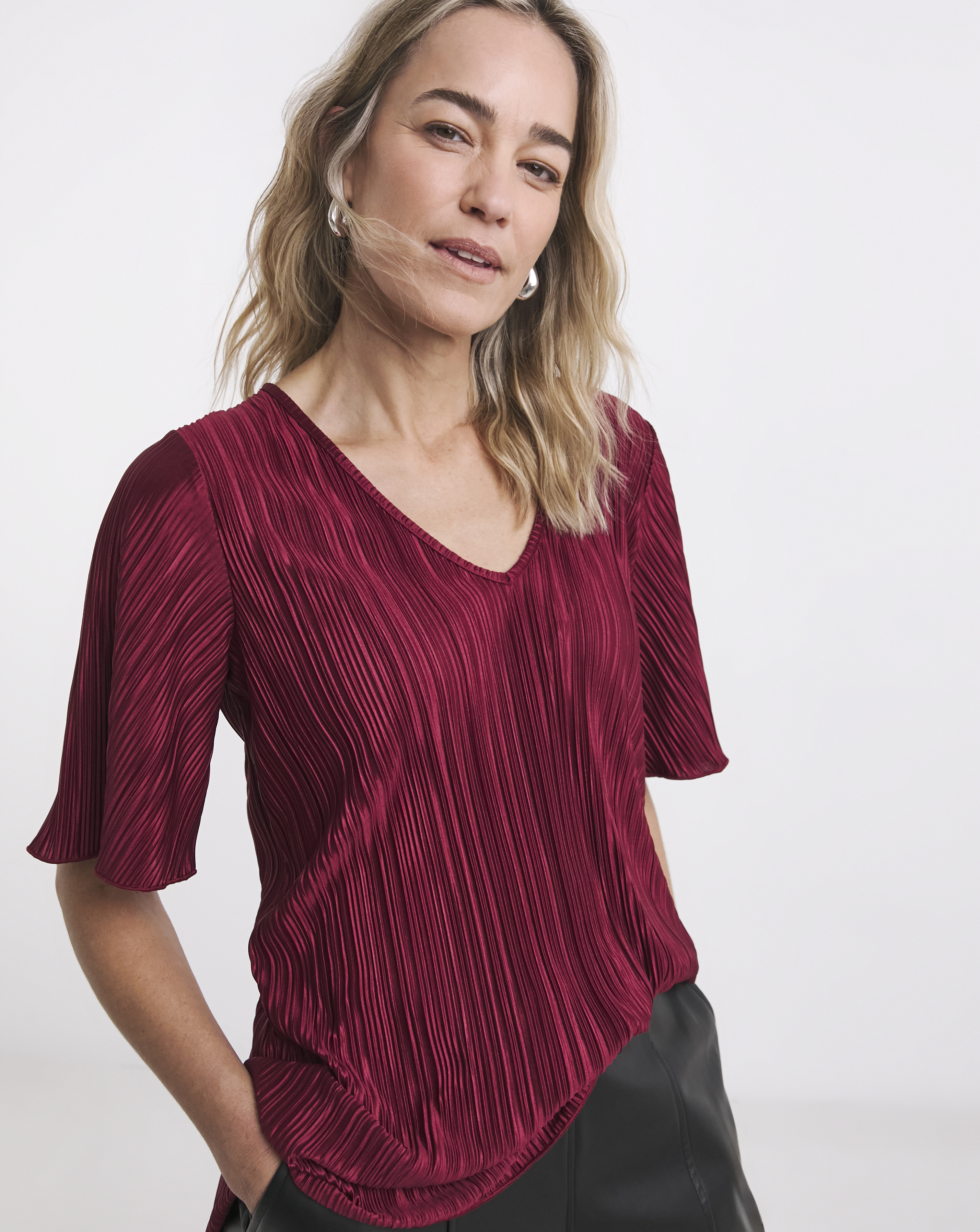 V Neck Longline Plisse Top