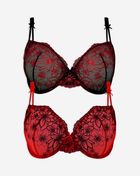 Simply Be 2 Pack Emily Embroidery Bras In Black/red | UK Size 38B Women's