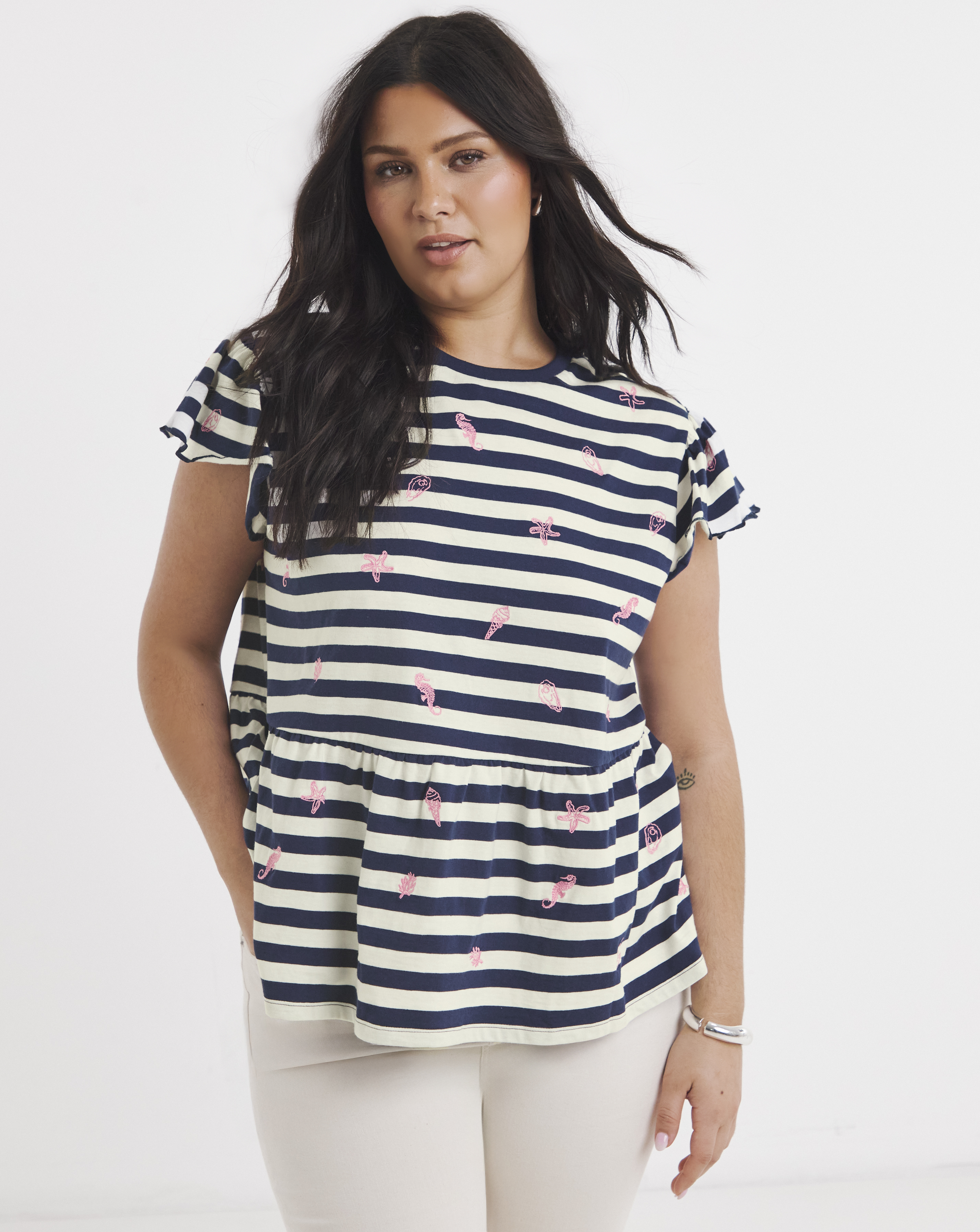 Embroidered Seaside Peplum Top