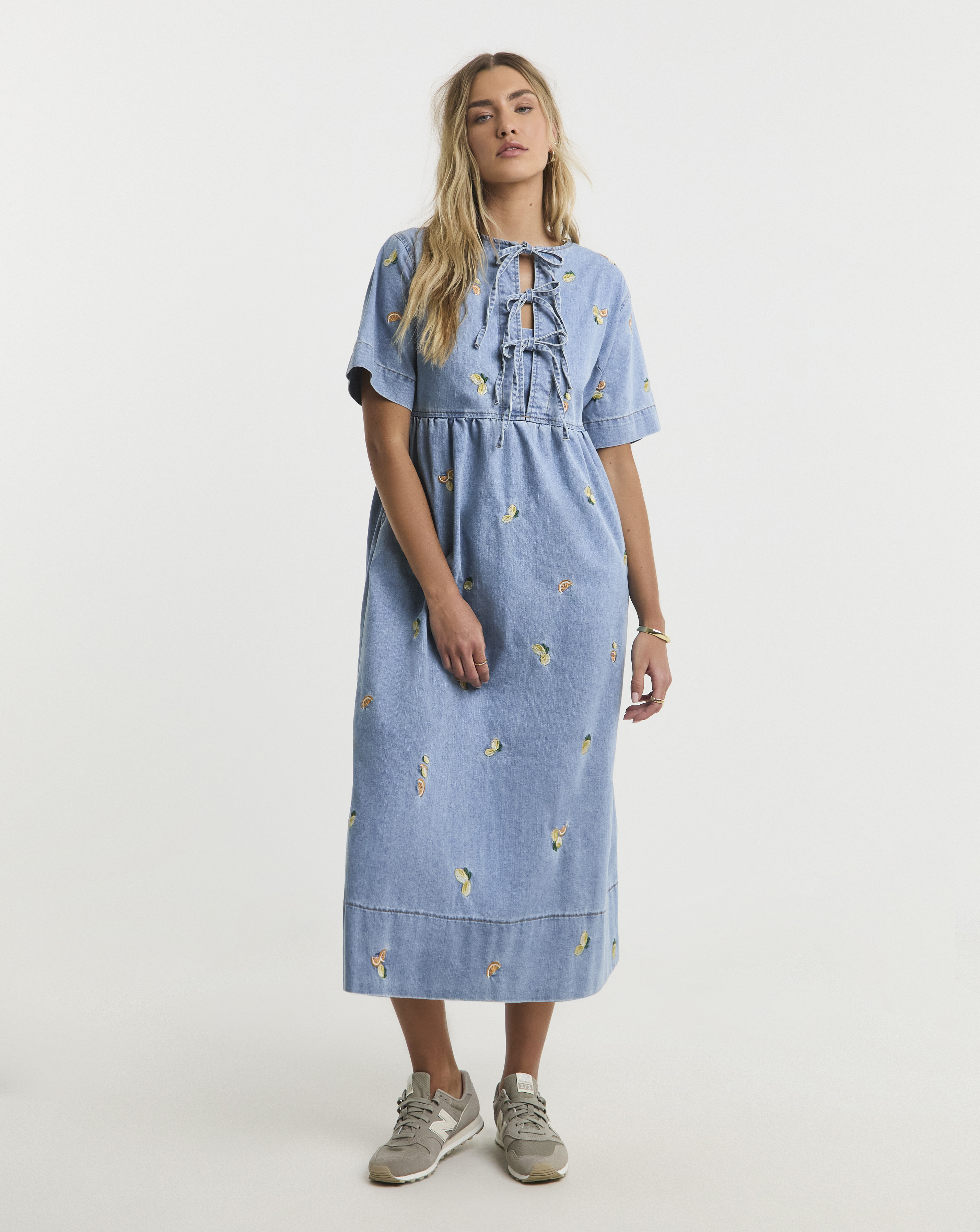Simply Be - Women's Fruit Embroidered Tie Front Midaxi Dress - Size 28 - Mid blue - 72% Cotton 28% Polyester